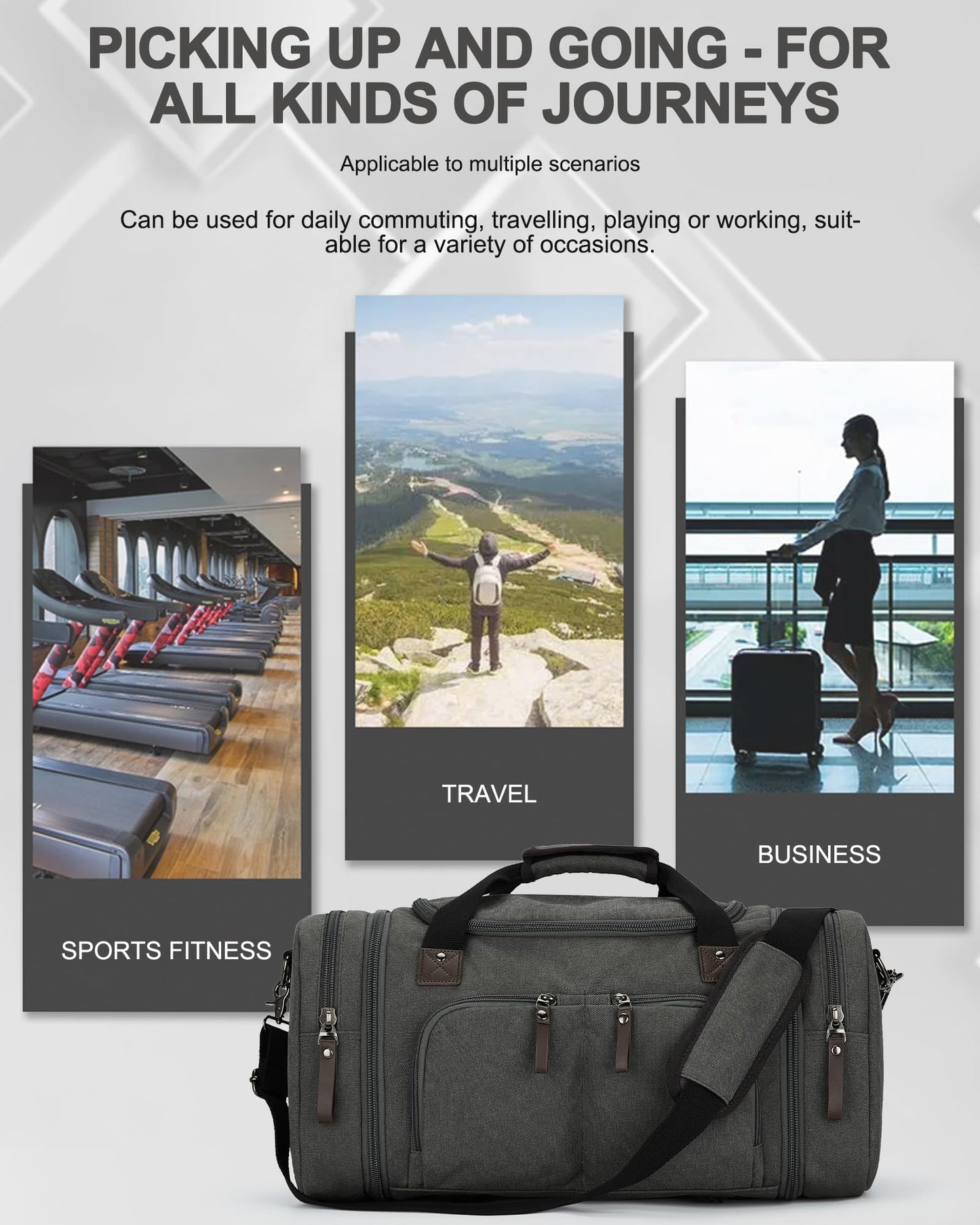 Duffle Bag for Men Travel, Gym Weekender Overnight Canvas Carry on Bag for Women with Trolley Sleeve Wet Pocket Personal Item Work Sports Bags Camping Expandable Bag, Grey
