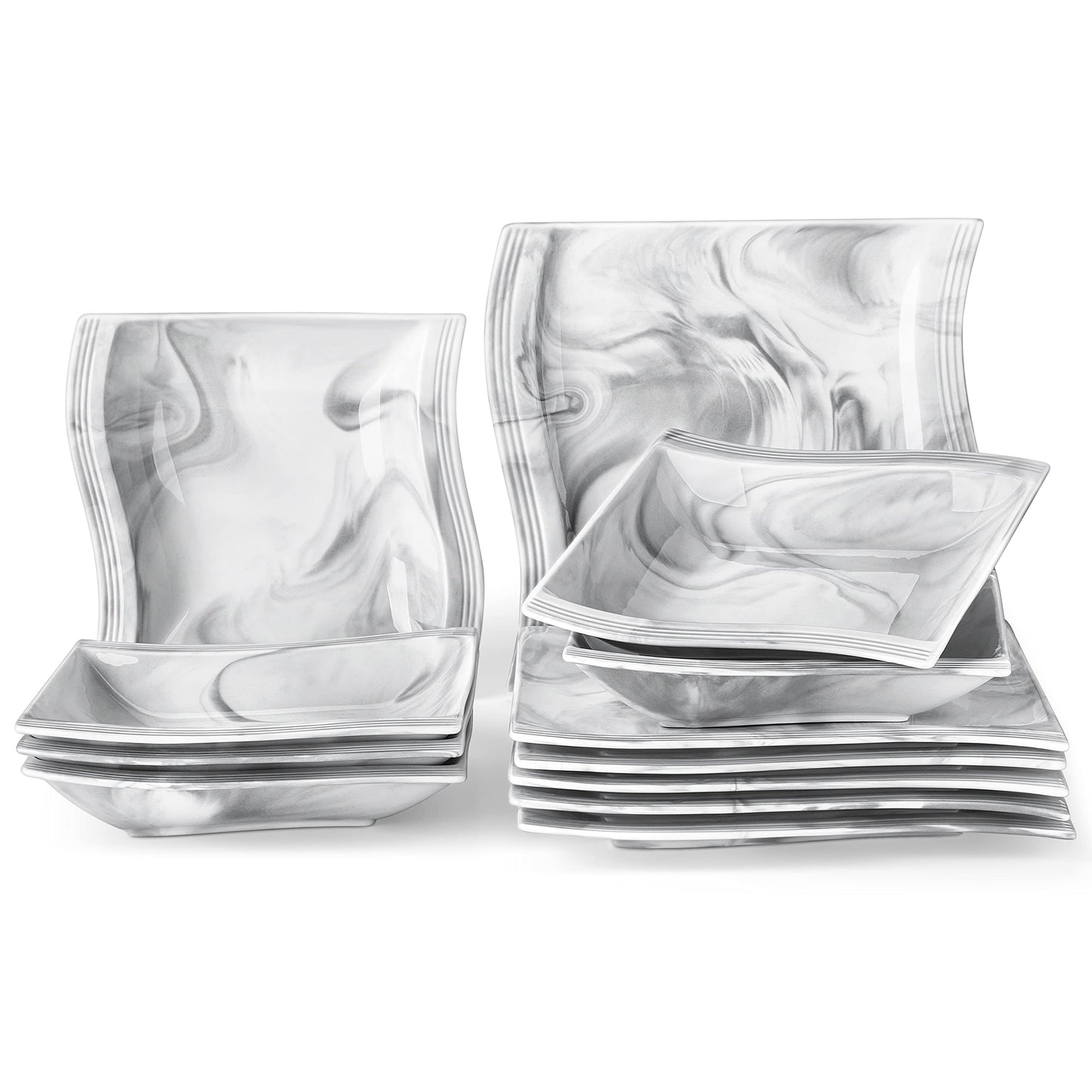 MALACASA Square Plate Set, 12-Piece Marble Plates and Bowls Sets for 6, Porcelain Dish Set with Dinner Plates and Pasta Bowls, Modern Dinnerware Sets, Kitchen Plate Bowl Set, Series Flora