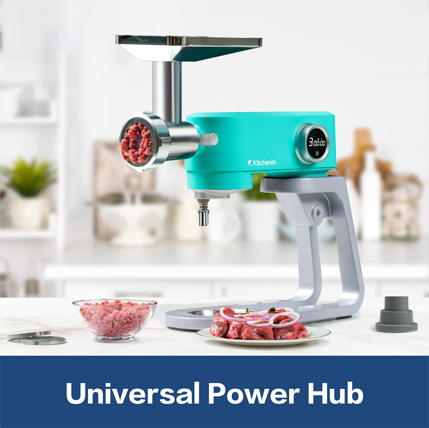 All Metal Stand Mixer,Kitchenin 5.3-Quart 8-Speeds Tilt-Head Food Mixer,400 Watt DC Motor Electric Stand Mixer with 12-Wire Whip,Flat Beater,Stainless Steel Dough Hook & Pouring Shield,Light Blue
