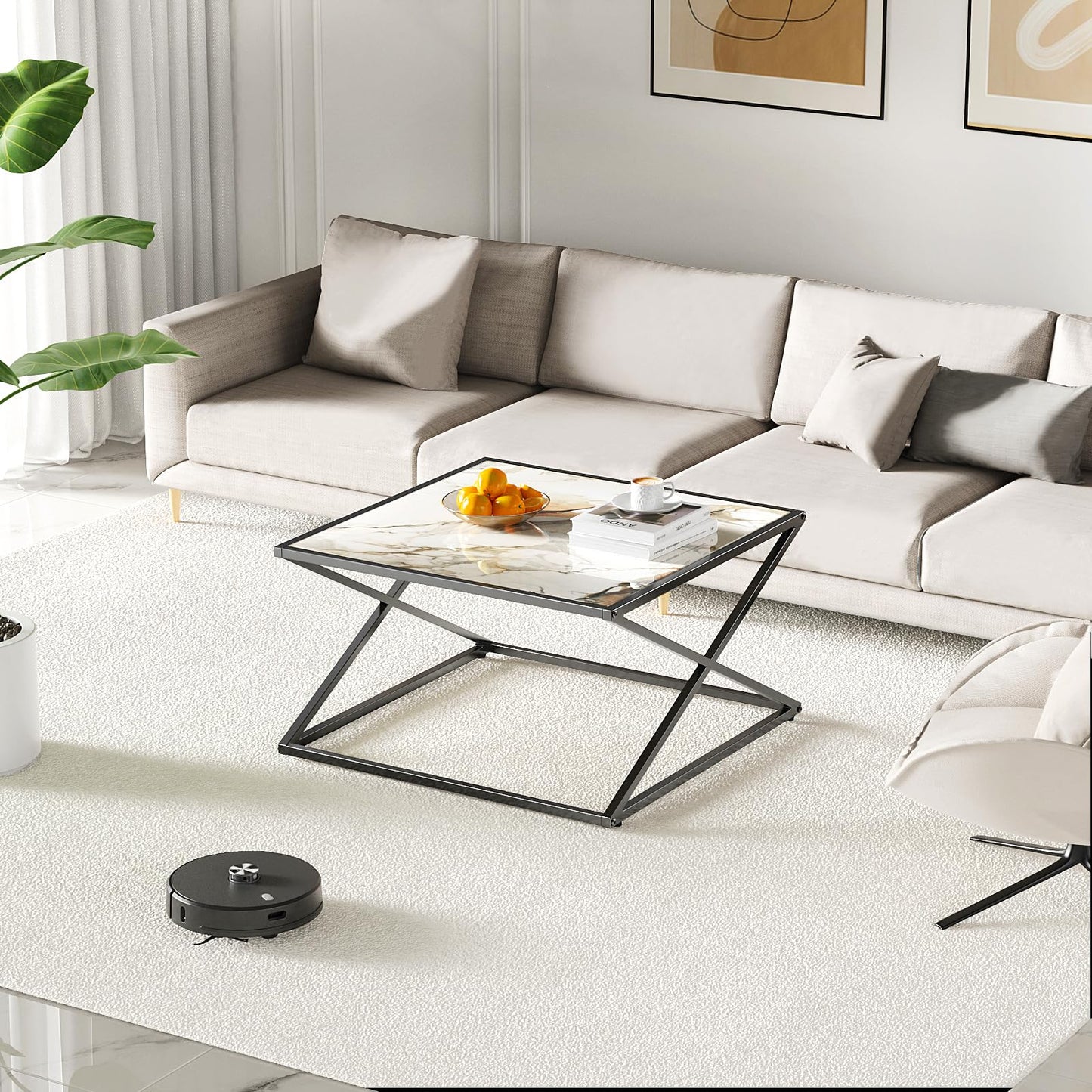 Marble Coffee Table, White Marble Sintered Stone Top Small Square Coffee Table with Black Metal Frame, 27.6 Inch Simple Modern Center Coffee Table for Living Room Home Office, Easy Assembly