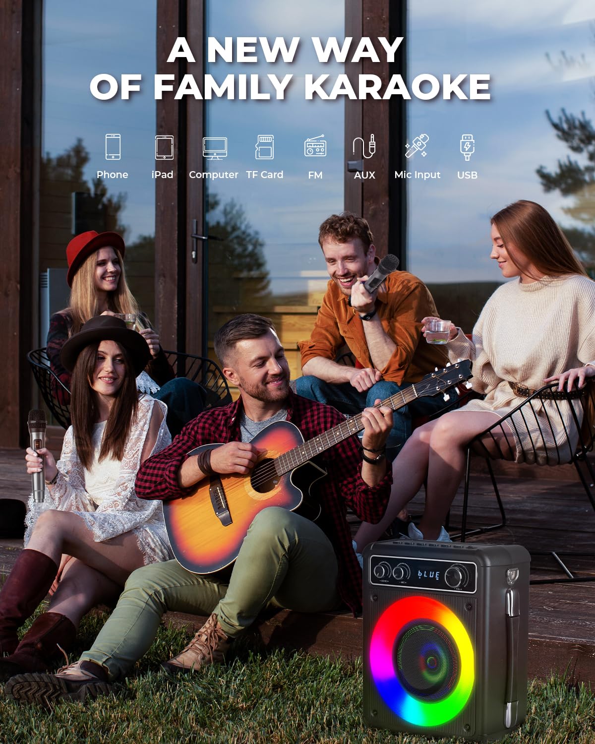 VOSOCO Karaoke Machine, Portable Bluetooth Speaker with 2 Wireless Microphones, PA System for Adults Kids with LED Lights, Supports TWS/REC/FM/AUX/USB/TF for Home Party