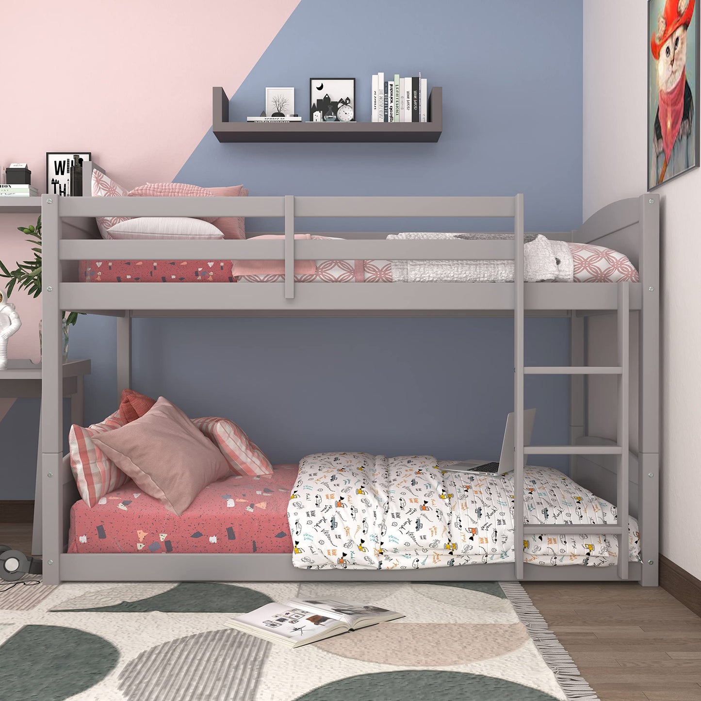 Hillsdale Alexis Contemporary Wood Arch Twin Over Twin Floor Bunk Bed with Slats, Gray