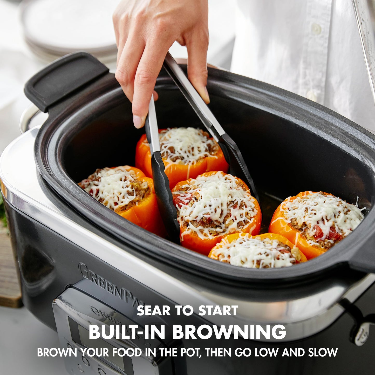 GreenPan Elite 8-in-1 Programmable 6QT Electric Slow Cooker, Dishwasher Safe Lid & Removable Crock, PFAS-Free Healthy Ceramic Nonstick Multi-Cooker, Sear, Sauté/Brown, Steam Basket, Roast, Black