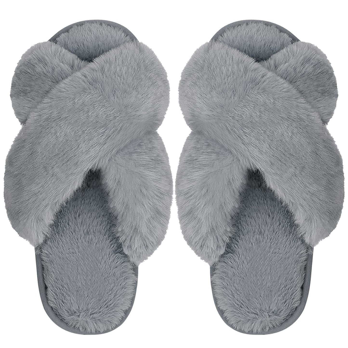 DOIOWN Women's Fuzzy Slippers Memory Foam Cute House Slippers Plush Fluffy Furry Open Toe Home Shoes Bridal Bridesmaid Gifts for Wedding (Grey,Size 9-10)