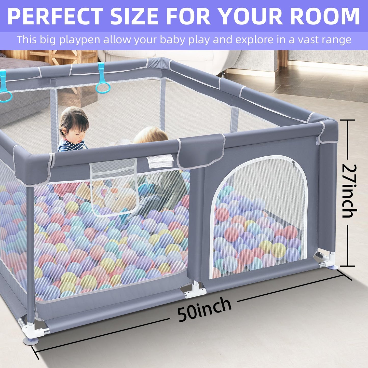 Suposeu Baby Playpen, Large Indoor and Outdoor Playard, Play Pens for Kids Activity Center, Sturdy Safety Baby Fence with Soft Breathable Mesh for Toddler (50 Inch×50 Inch, Grey)