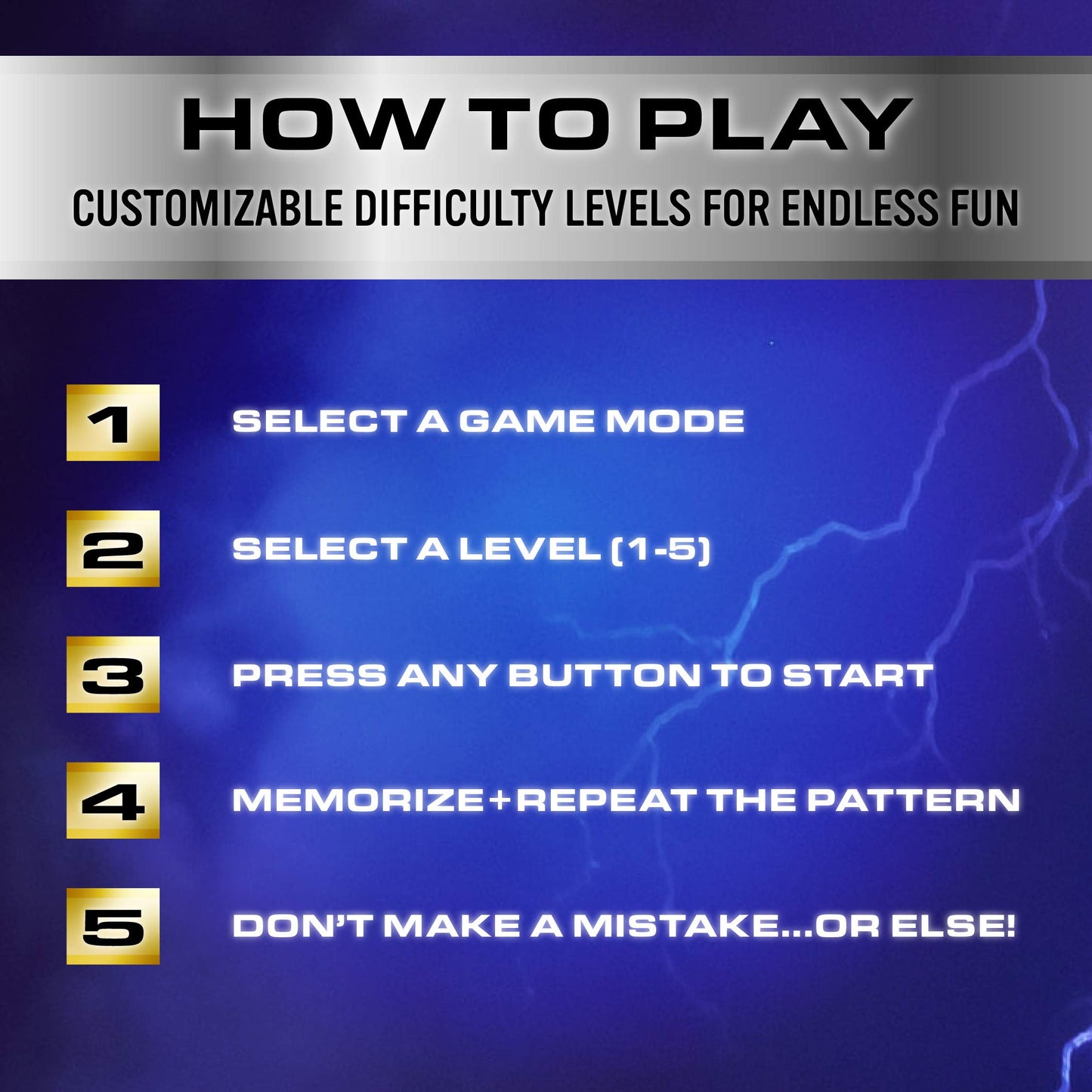 Lightning Reaction Reflex Shocking Memory Game - Electronic Memory Game for Kids and Adults with 3 Game Modes, 5 Levels, and Shock On/Off Switch