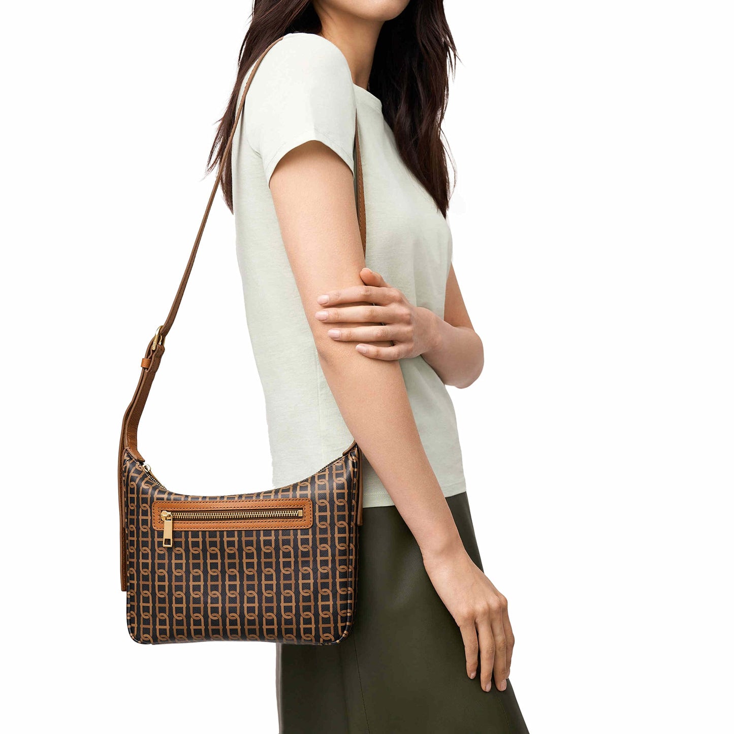 Fossil Women's Cecilia Faux Leather Small Crossbody Purse Handbag, Black/Brown Chain Print (Model: ZB1890914)