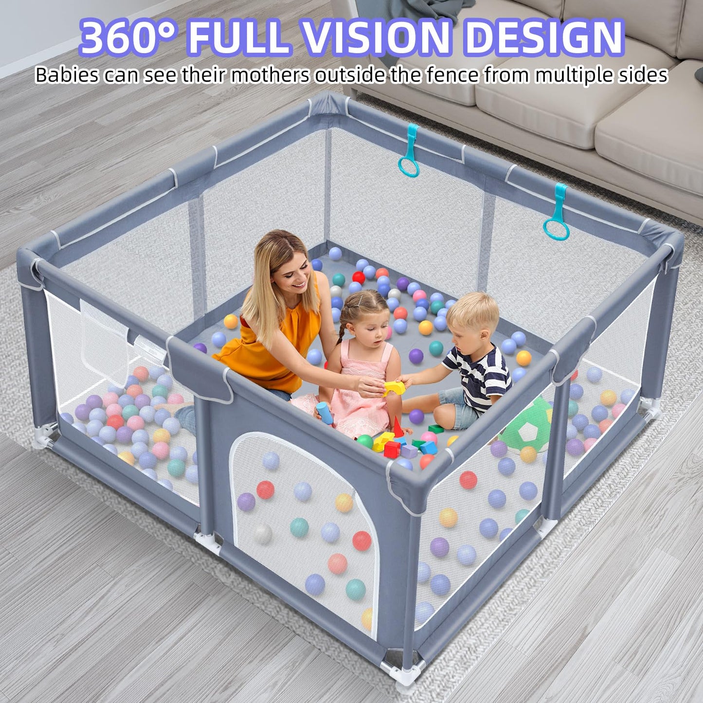 Suposeu Baby Playpen, Large Indoor and Outdoor Playard, Play Pens for Kids Activity Center, Sturdy Safety Baby Fence with Soft Breathable Mesh for Toddler (50 Inch×50 Inch, Grey)
