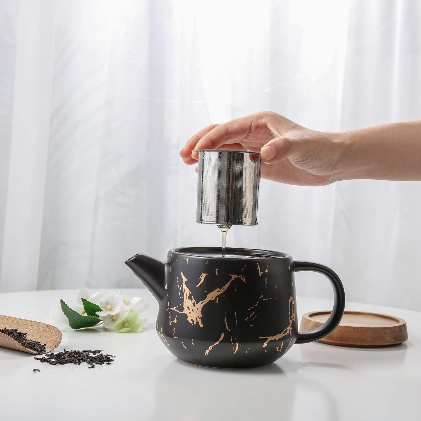 Black Tea Set, 25oz Tea Pot Sets with Infuser, 4 Tea Cups and Porcelain Tray, Luxury Tea Sets for Women with Modern Marble Design, Tea Gift Set for Tea Lovers, Woman and Men