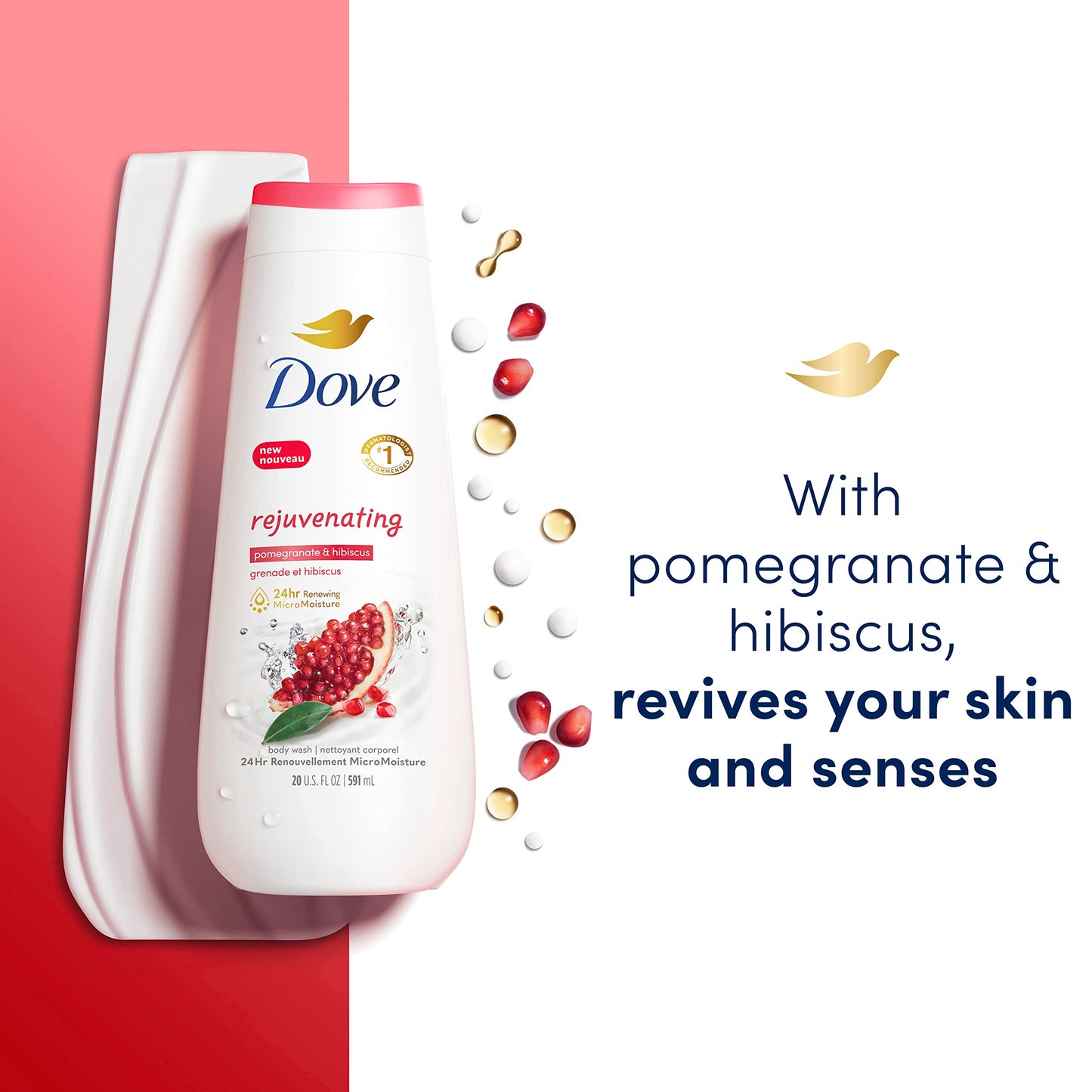 Dove Body Wash Rejuvenating Pomegranate & Hibiscus 4 Count for Renewed, Healthy-Looking Skin Gentle Skin Cleanser with 24hr Renewing MicroMoisture 20 oz