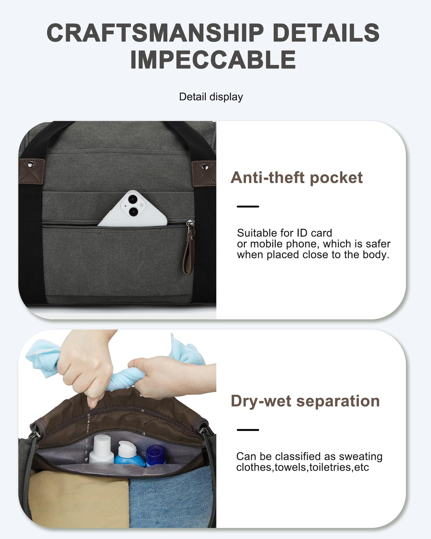 Duffle Bag for Men Travel, Gym Weekender Overnight Canvas Carry on Bag for Women with Trolley Sleeve Wet Pocket Personal Item Work Sports Bags Camping Expandable Bag, Grey
