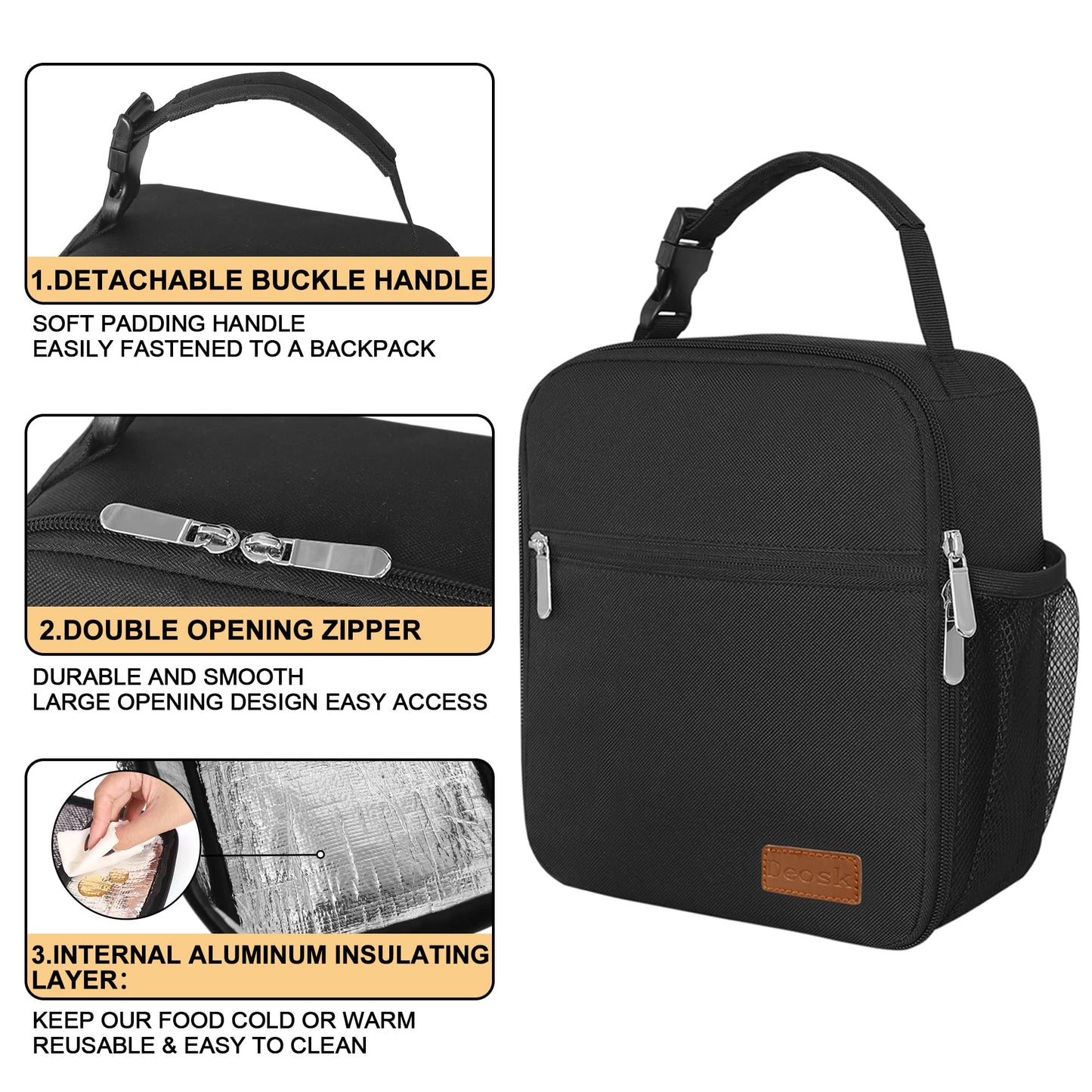 Deosk Lunch Bag Reusable Small Lunch Box for Men Women Insulated Portable Lunchbox for adults Suitable for School Work Picnic (Black)