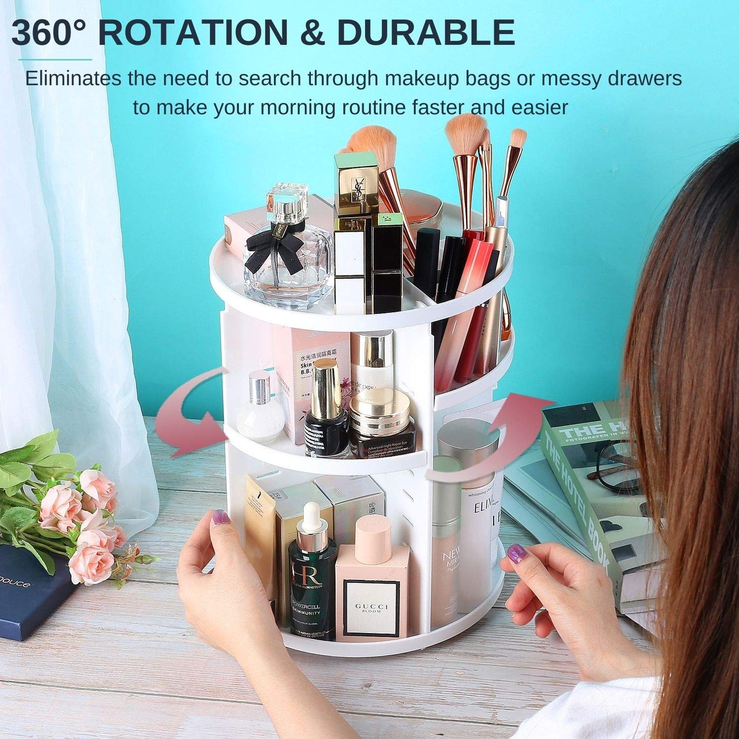 UPDATE: DEAD! EYCIO 360 Rotating Makeup Organizer, Makeup Spinning Organizer Rotating Organizer Desk for White Makeup Holder Lazy Susan Organizer Dresser White Makeup Holder- 7 Adjustable Layers with 4 Trays