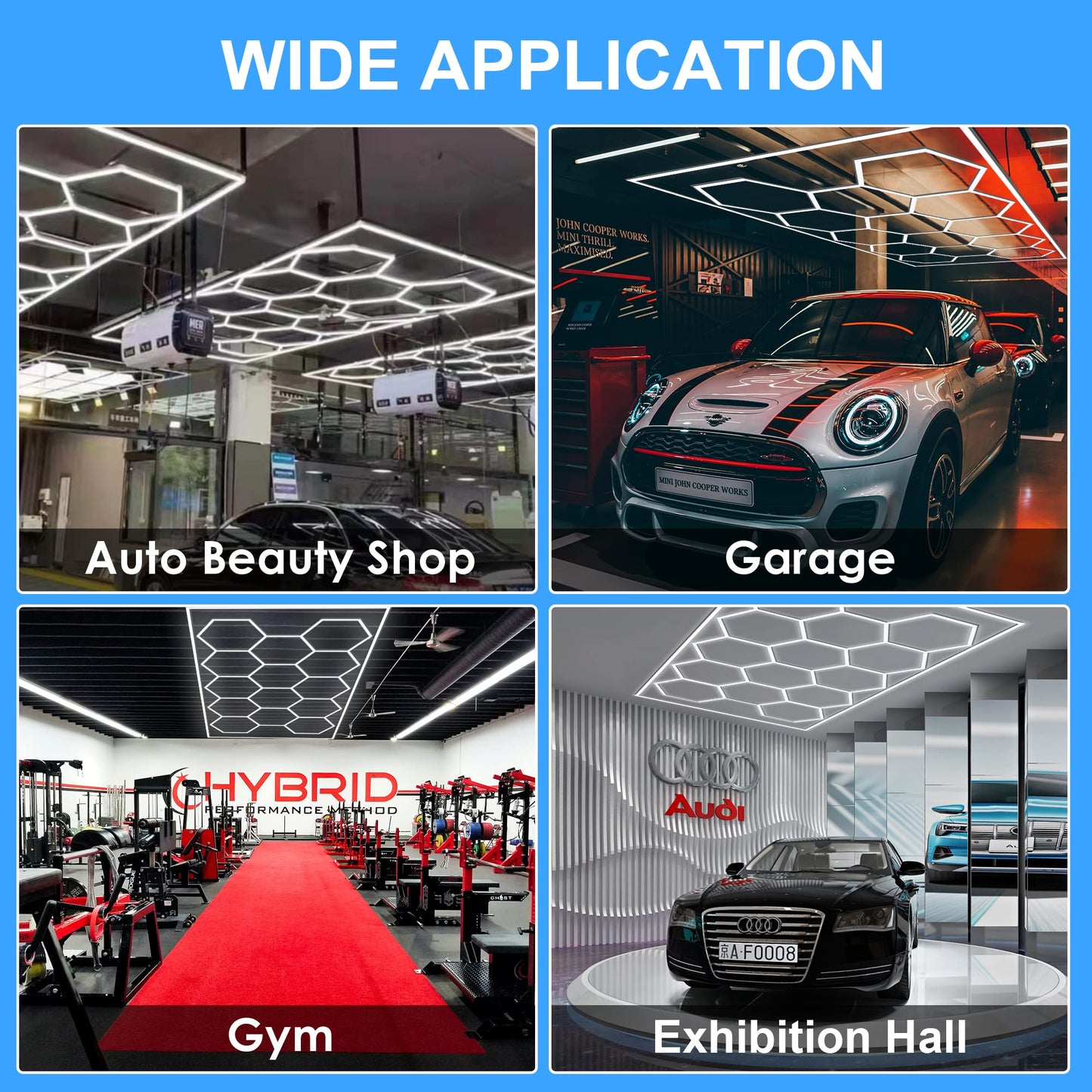 MODERN Hexagon Garage Light: Higher Brightness 720W 86400 Lumens Hexagon Led Garage Light with Rectangle Border 6500K for Garage, Basement, Warehouse, Auto Beauty Shop, Car Detailing Shop etc.