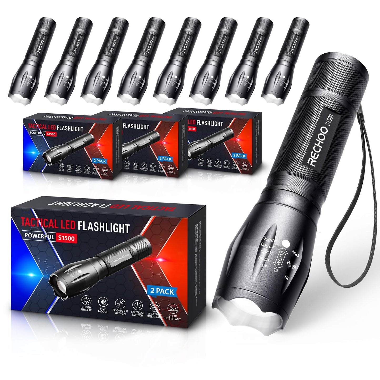 RECHOO 8 Pack LED Flashlight, Bright Powerful Flash Light with 5 Lighting Modes, Small Zoomable Tactical Flashlights High Lumens, Waterproof EDC Flashlights for Home, Camping, Emergency - S1500