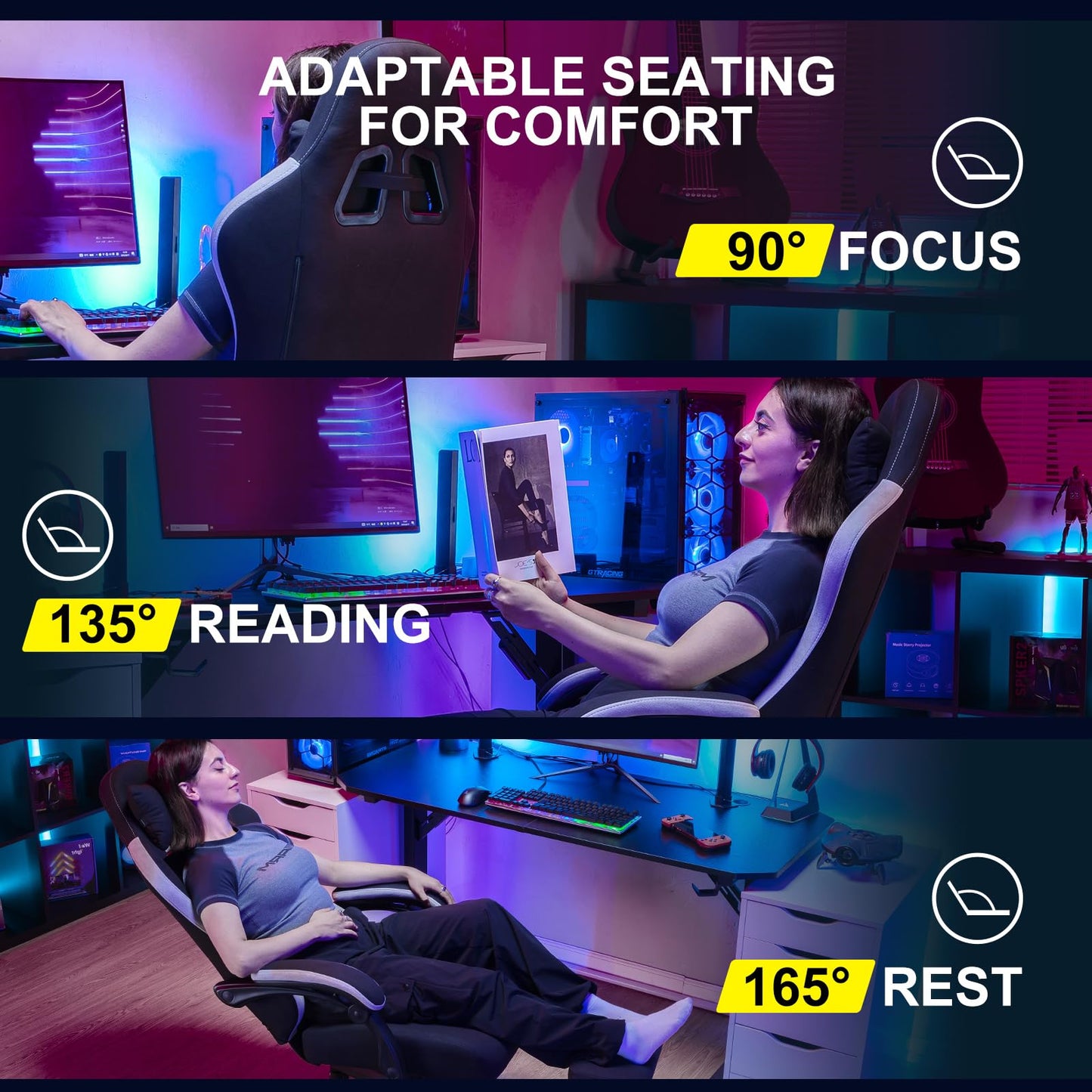 GTPLAYER Gaming Chair with Footrest Fabric Office Chair with Pocket Spring Cushion and Linkage Armrests, High Back Ergonomic Computer Chair with Lumbar Support Task Chair (Black)