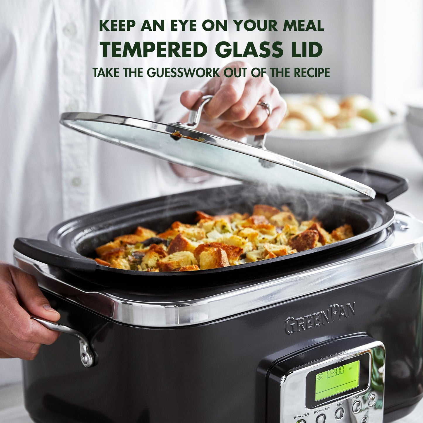GreenPan Elite 8-in-1 Programmable 6QT Electric Slow Cooker, Dishwasher Safe Lid & Removable Crock, PFAS-Free Healthy Ceramic Nonstick Multi-Cooker, Sear, Sauté/Brown, Steam Basket, Roast, Black