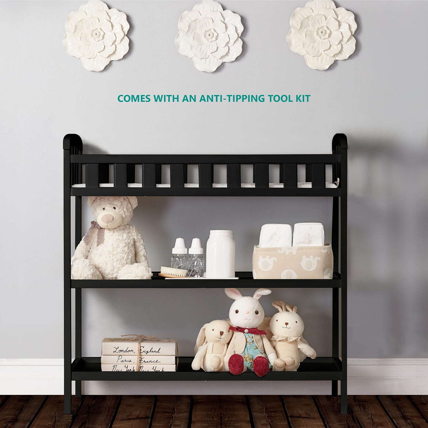 Dream On Me Emily Changing Table In Black, Comes With 1" Changing Pad, Features Two Shelves, Portable Changing Station, Made Of Sustainable New Zealand Pinewood