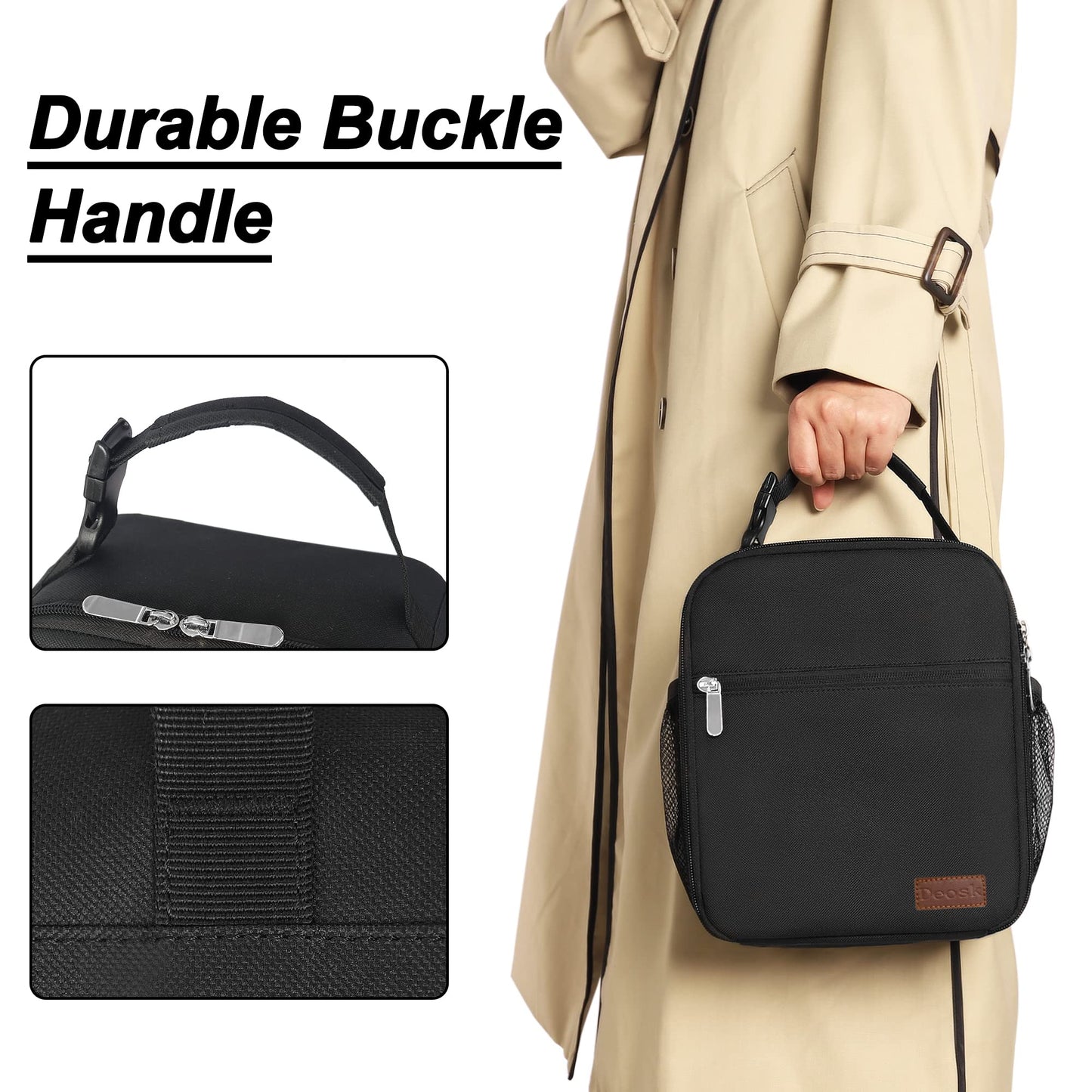 Deosk Lunch Bag Reusable Small Lunch Box for Men Women Insulated Portable Lunchbox for adults Suitable for School Work Picnic (Black)