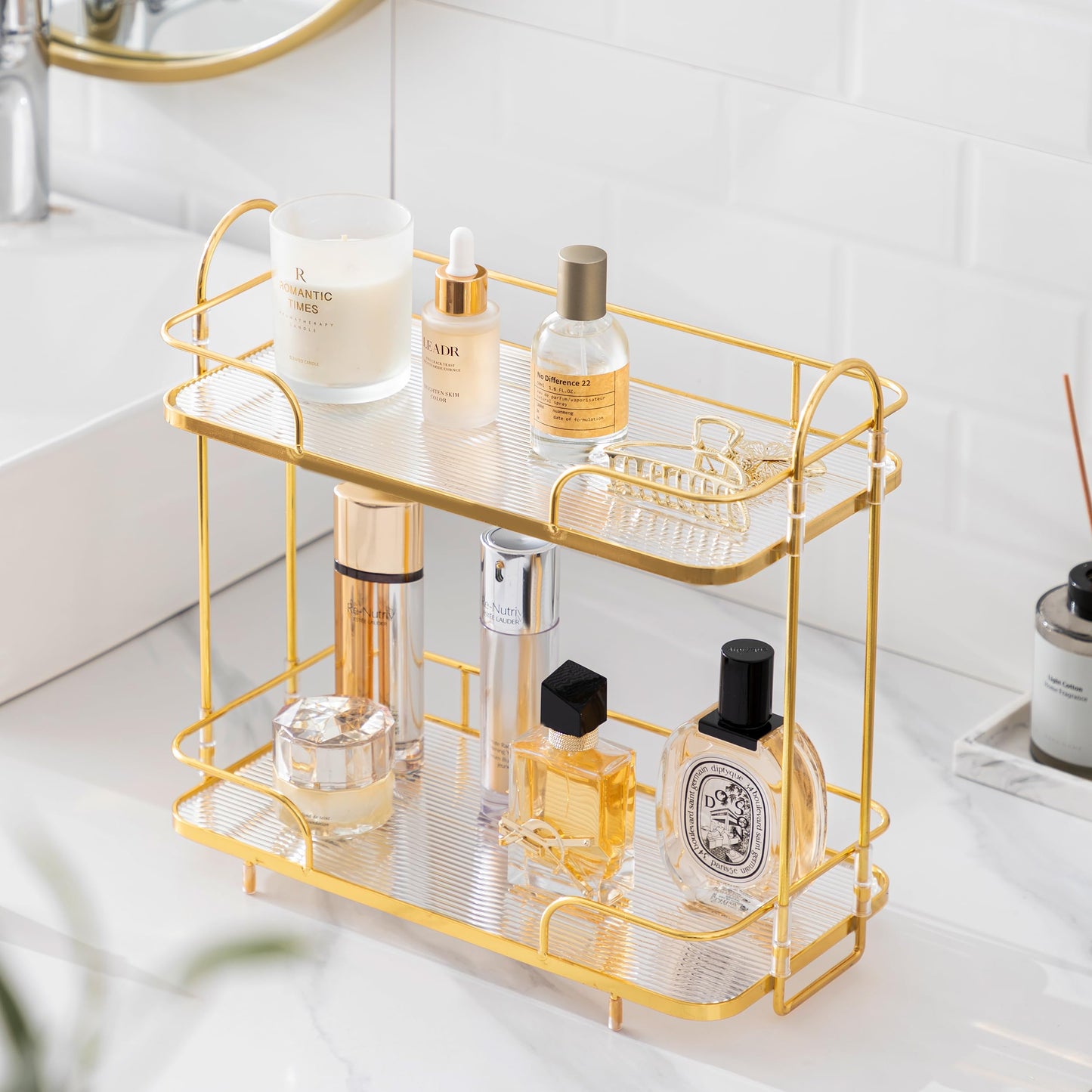 HBlife Bathroom Countertop Organizer 2 Tier Makeup Organizer Luxury Perfume Tray Skincare Storage Cosmetic Organizer Bathroom Counter Shelf for Bathroom, Gold