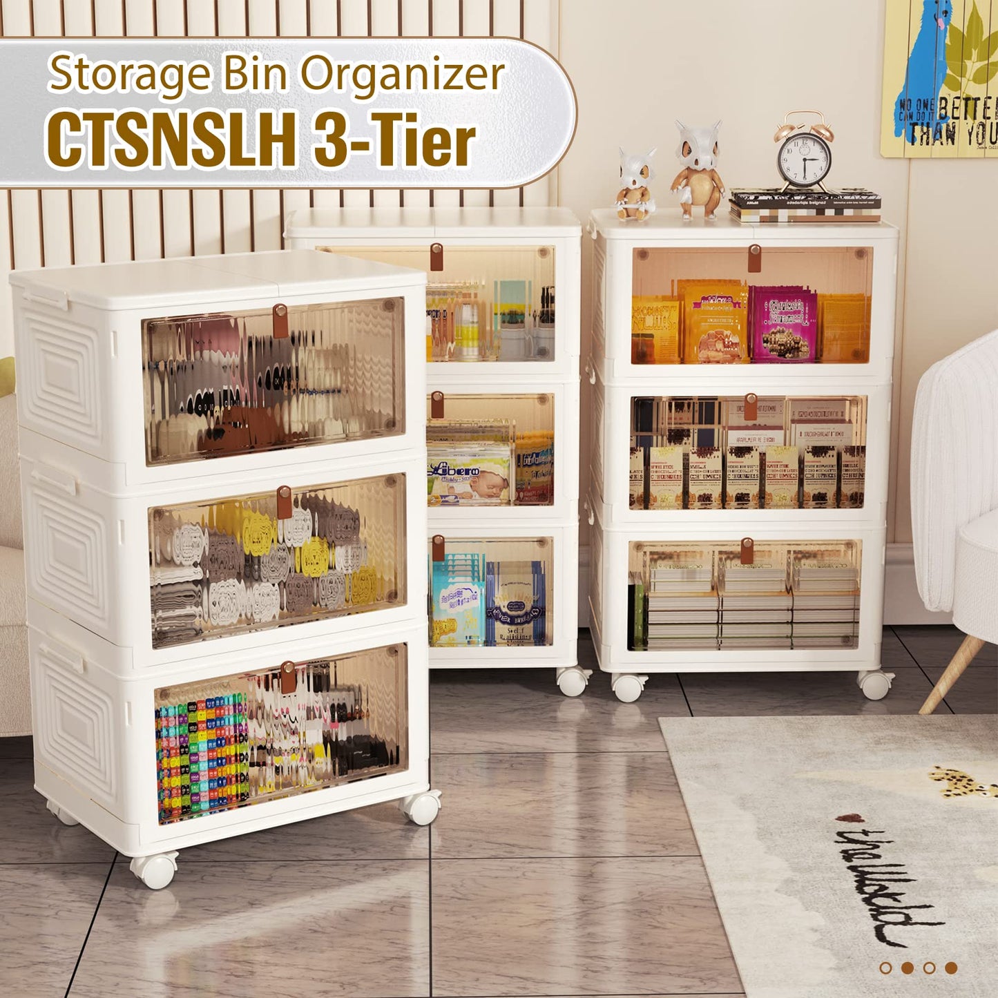 4 Tier Plastic Storage Bins and Boxes Organizer - Stackable with Lids for Bedroom, Living Room, Kitchen, Office - Foldable Containers