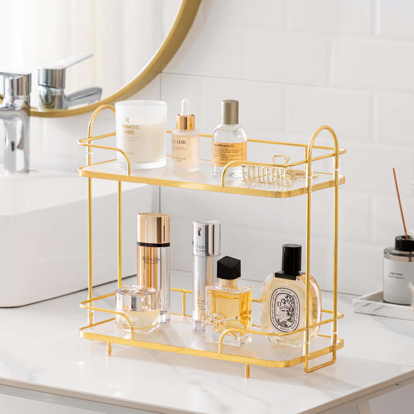 HBlife Bathroom Countertop Organizer 2 Tier Makeup Organizer Luxury Perfume Tray Skincare Storage Cosmetic Organizer Bathroom Counter Shelf for Bathroom, Gold