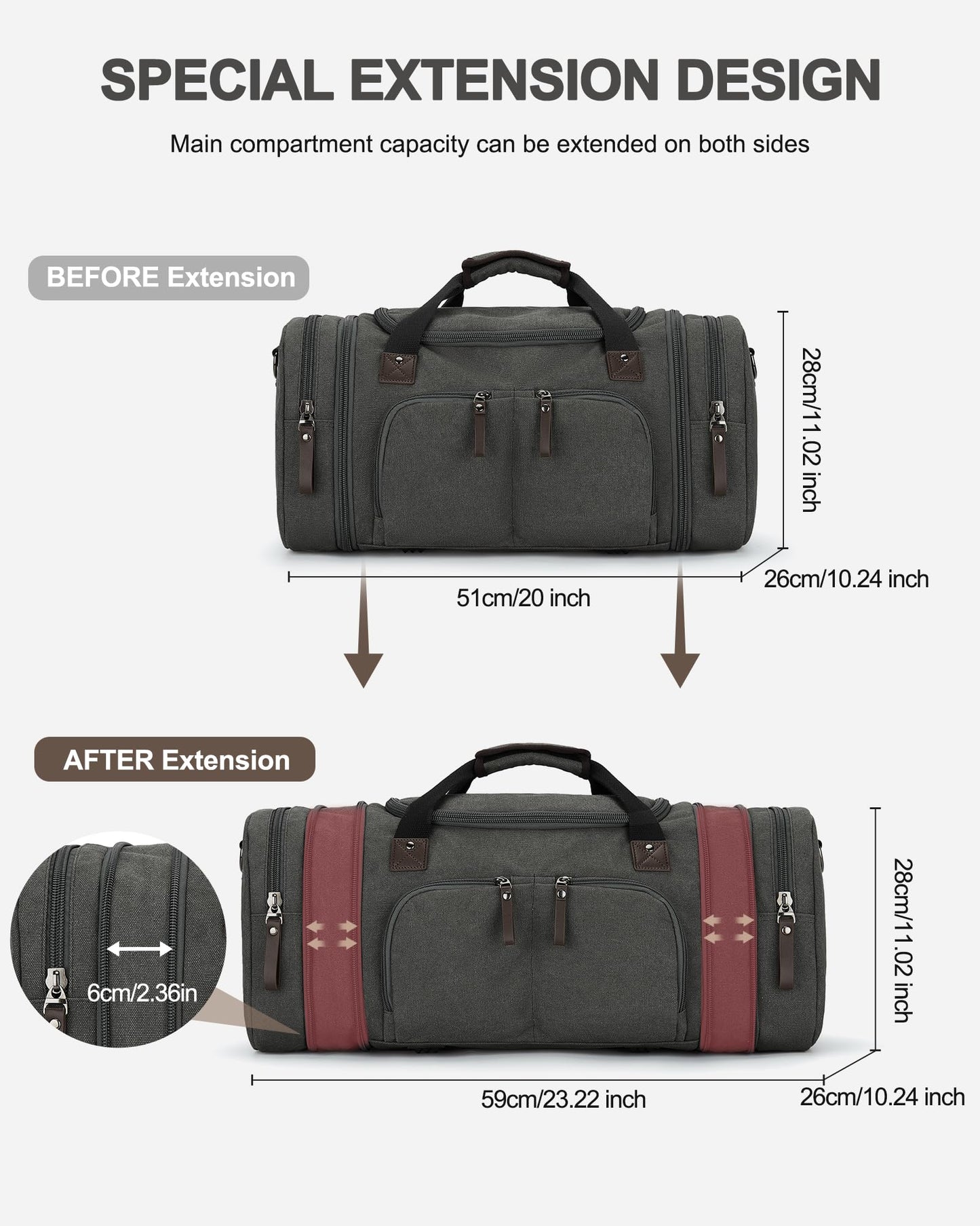 Duffle Bag for Men Travel, Gym Weekender Overnight Canvas Carry on Bag for Women with Trolley Sleeve Wet Pocket Personal Item Work Sports Bags Camping Expandable Bag, Grey
