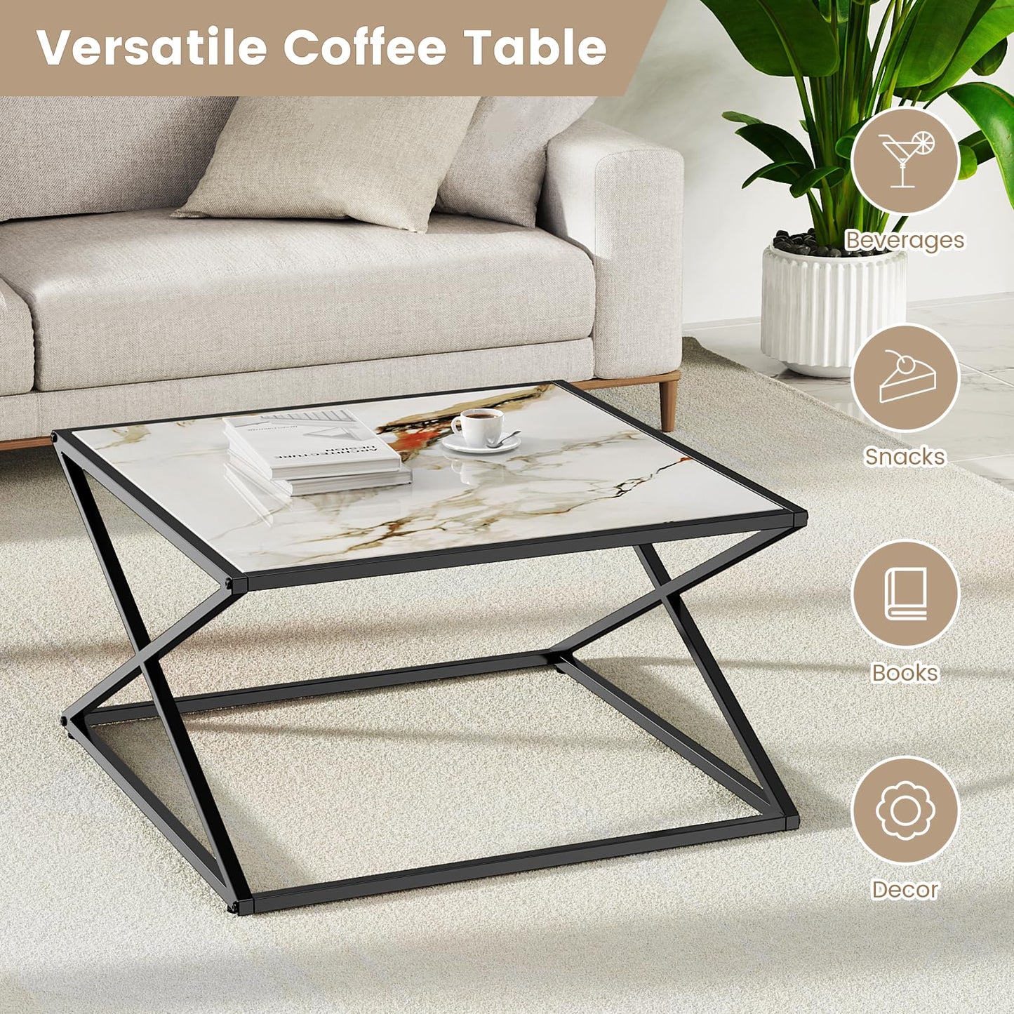 Marble Coffee Table, White Marble Sintered Stone Top Small Square Coffee Table with Black Metal Frame, 27.6 Inch Simple Modern Center Coffee Table for Living Room Home Office, Easy Assembly