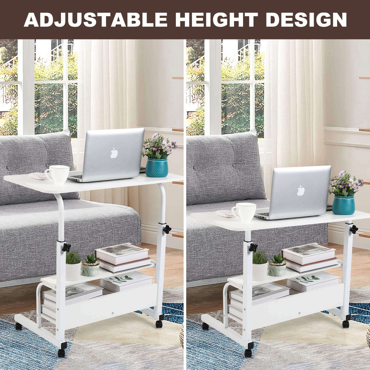 Bedroom Bedside Storage Rack Table Small Spaces Home Office Desk Height Adjustable Home Office Desk Multifunctional Table with Wheels Minimalist Portable Laptop Gaming Desk Size 15.7*31.5 Inch White