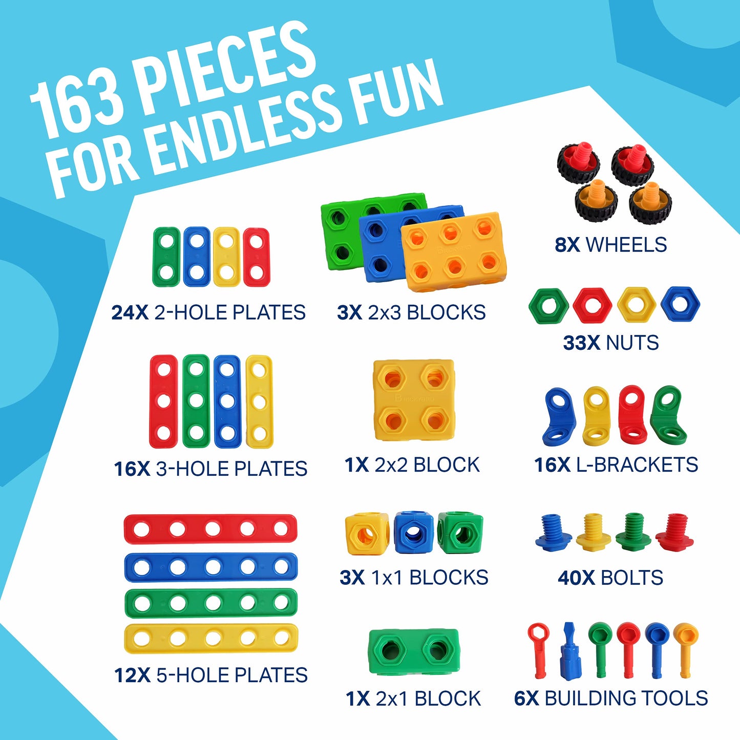 Brickyard Building Blocks STEM Toys - Educational Building Toys for Kids Ages 4-8 with 163 Pieces, Tools, Design Guide and Toy Storage Box, Gift for Boys & Girls