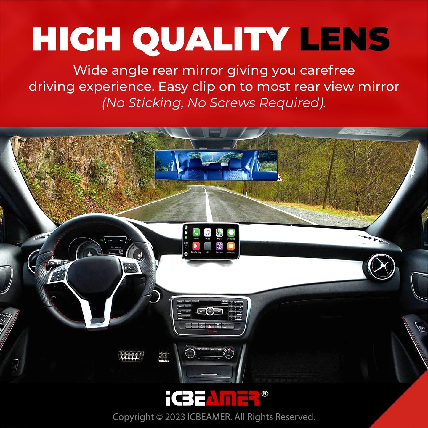 ICBEAMER 15.8 Inch Car Rearview Mirror, Panoramic Wide Angle, HD Blue Tint Glass, Interior Clip On Flat Car Mirror, Anti Glare, Automotive Accessories, Universal for Truck, Car, SUV, Pack of 1
