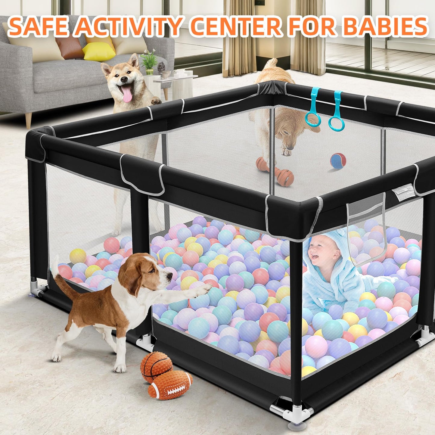 Suposeu Baby Playpen, Sturdy and Safety Playard with Soft Breathable Mesh, Indoor and Outdoor Baby Fence, Portable Playpen for Babies and Toddlers (50 Inch×50 Inch, Black)