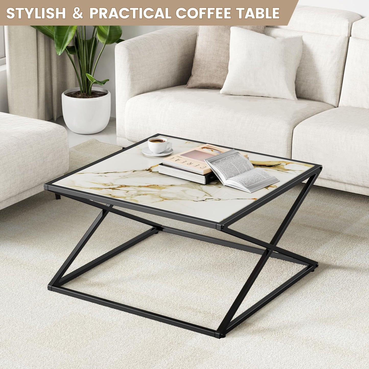 Marble Coffee Table, White Marble Sintered Stone Top Small Square Coffee Table with Black Metal Frame, 27.6 Inch Simple Modern Center Coffee Table for Living Room Home Office, Easy Assembly