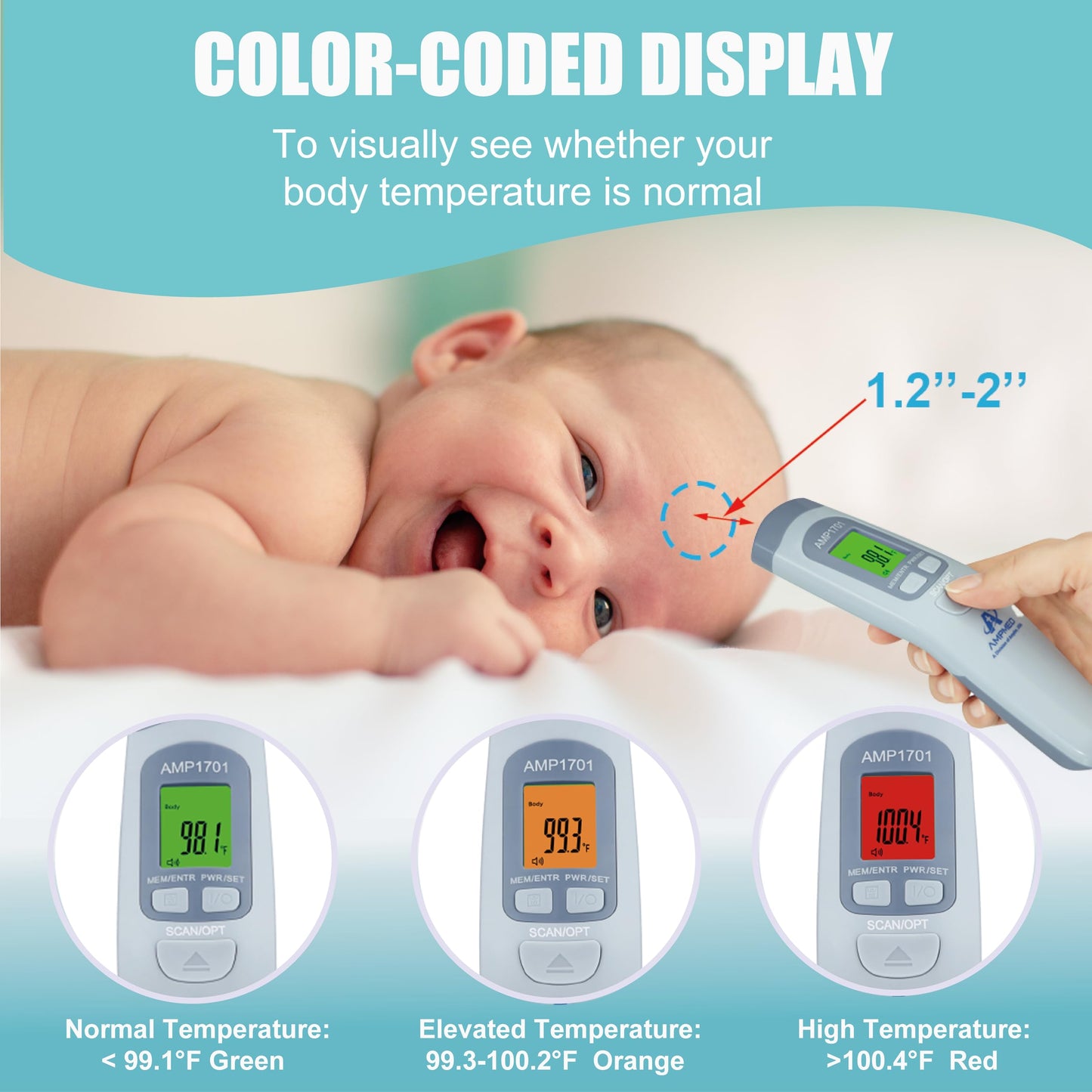 Amplim Non-Contact Forehead Thermometer for Kids and Adults - Touchless Fever Thermometer with Temporal Head Function – AmpMed No-Touch Digital Baby Thermometer for Accurate Temperature Reading