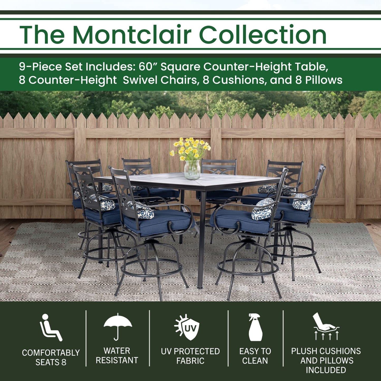 Hanover Montclair 9-Piece Outdoor Dining Set, 8 Swivel Counter-Height Chairs with Comfortable Seat and Lumbar Cushions, 60" Square Stamped Rectangle Table, All-Weather Outdoor Patio Dining Set for 8