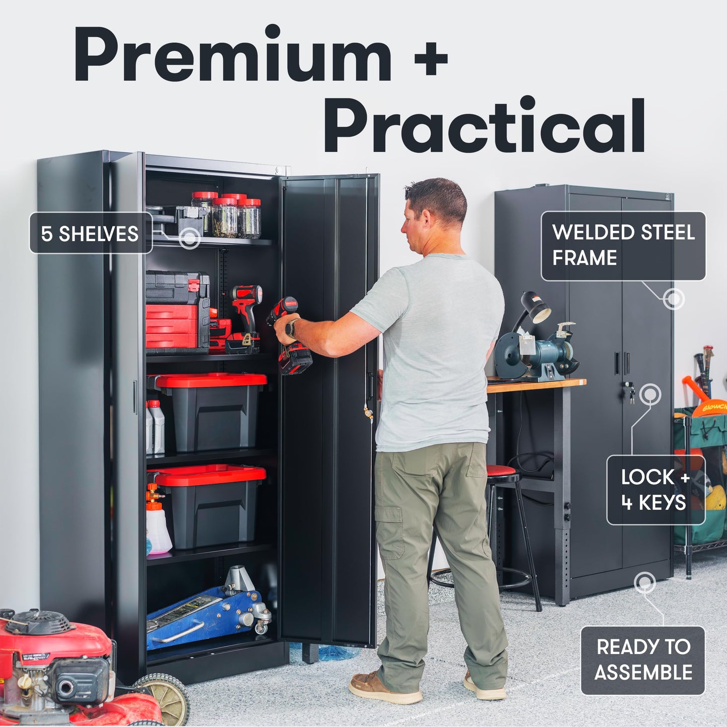 Fedmax Heavy Duty Metal Garage Storage Cabinet - 71-inch Tall Large Steel Utility Locker with Adjustable Shelves & Locking Doors - Garage Cabinets for Tool Storage and Ammo Locker - Black and Silver