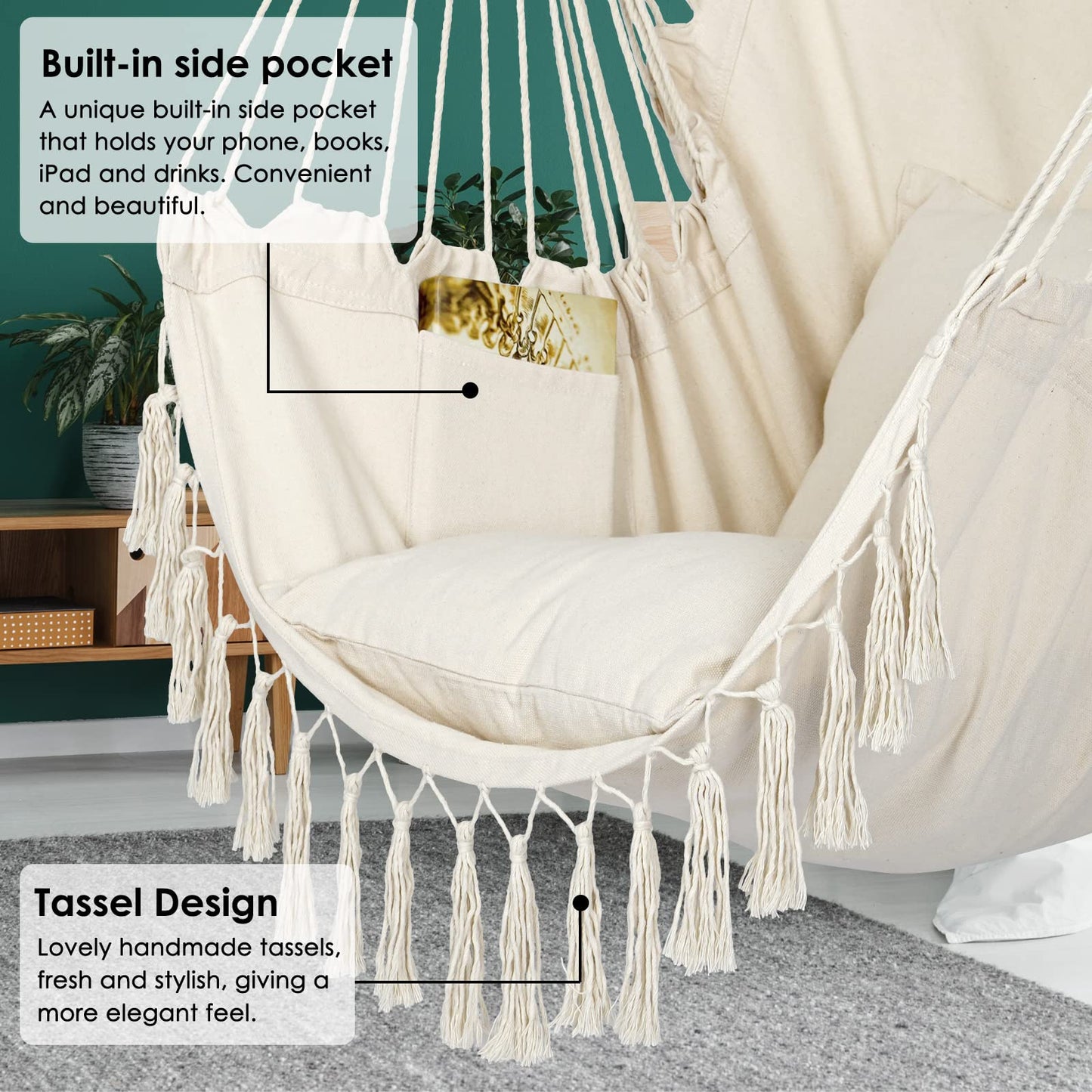 Y- STOP Hammock Chair Hanging Rope Swing, Max 500 Lbs, 2 Cushions Included, Large Macrame Hanging Chair with Pocket for Superior Comfort, with Hardware Kit (Beige)