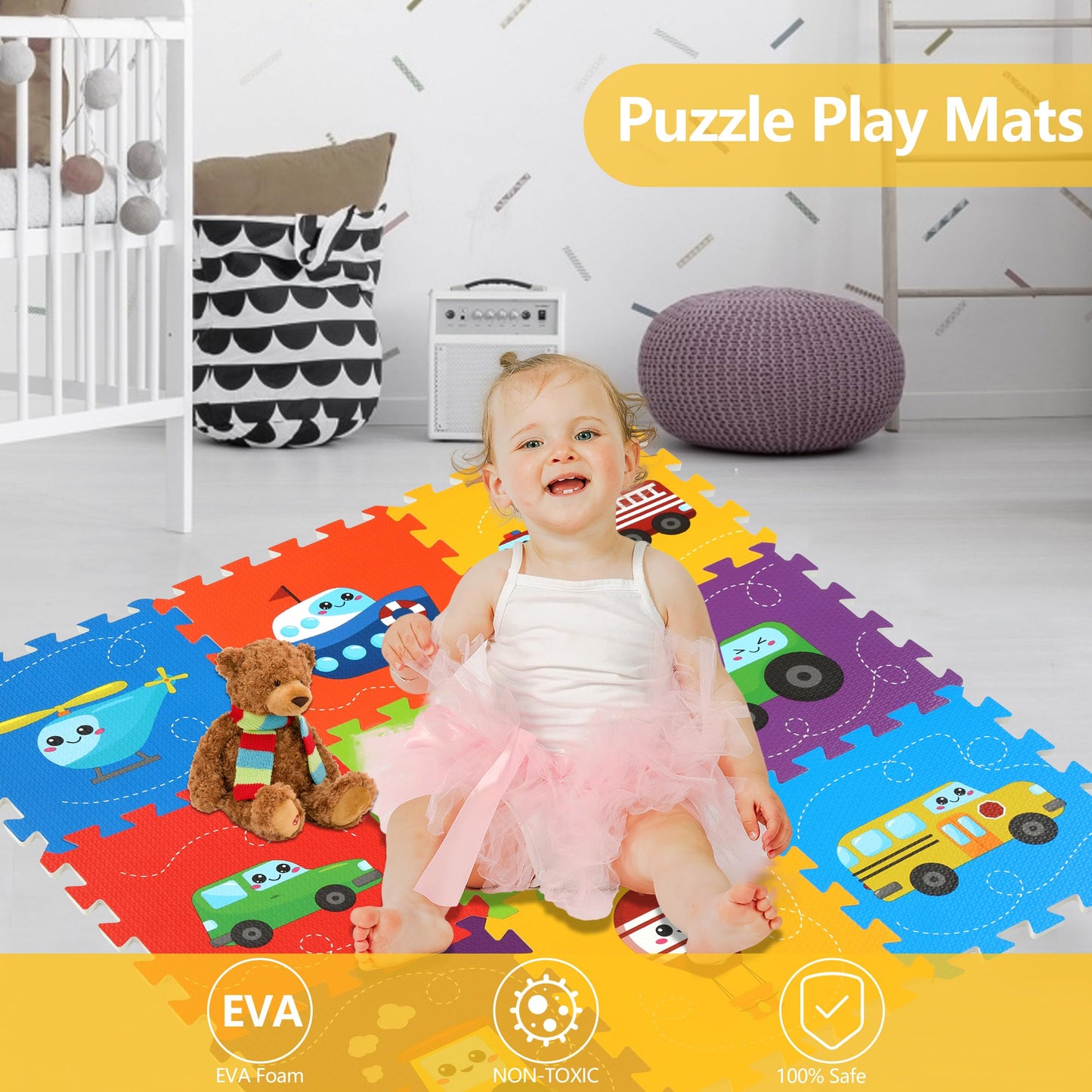 PLAY 10 Baby Play Mat, Foam Playmat for Babies, Kids Play Mat Foam Floor Tiles 34×34 9 Pieces Vehicle Puzzle Mat