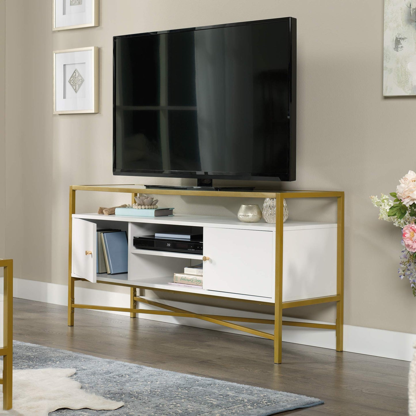 Sauder Harper Heights TV Credenza, L: 48.82" x W: 15.55" x H: 25.0", White Finish