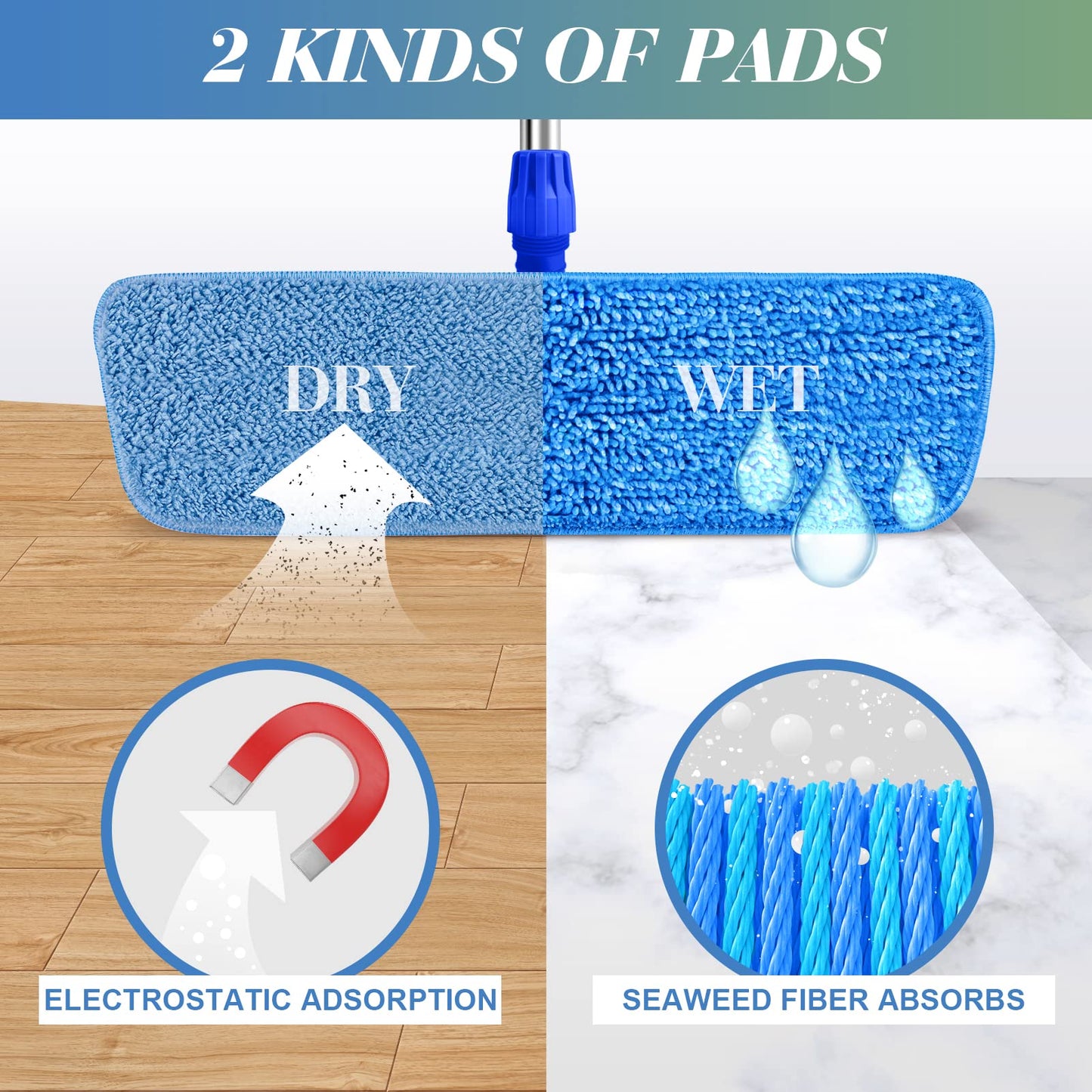 Bonpally Microfiber Mop for Floor Cleaning, 18" Flat Mop for Hardwood Floors, Laminate Floor Mop for Cleaning with Extendable Handle, 4 Reusable Mop Pads, Wet and Dust Mops for Floor Cleaning,Blue