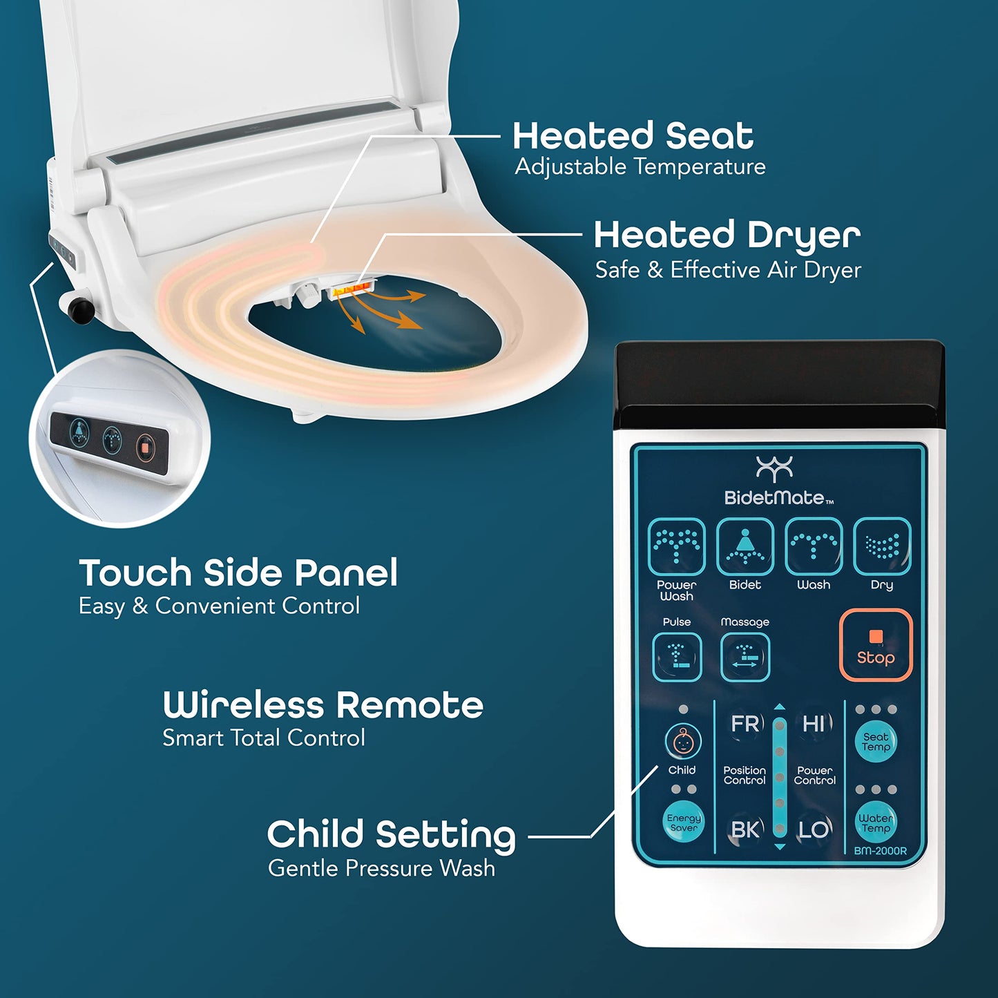 BidetMate 2000 Series Electric Bidet Heated Smart Toilet Seat with Unlimited Water, Side Control Panel, Deodorizer, and Warm Air Dryer - Adjustable Self-Cleaning Fits Round Toilets