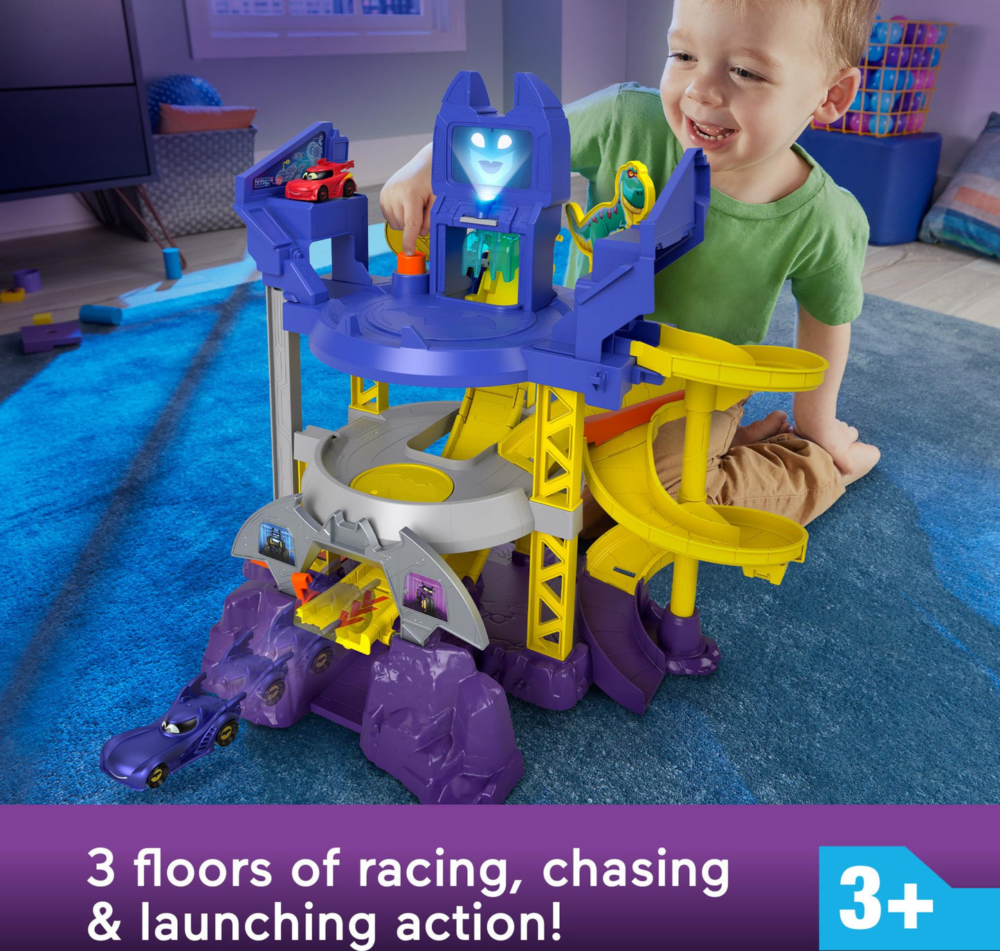 Fisher-Price DC Batwheels Toy Car Race Track Playset, Launch & Race Batcave with Lights & Sounds, Bam The Batmobile & Redbird Vehicles, Ages 3+ Years