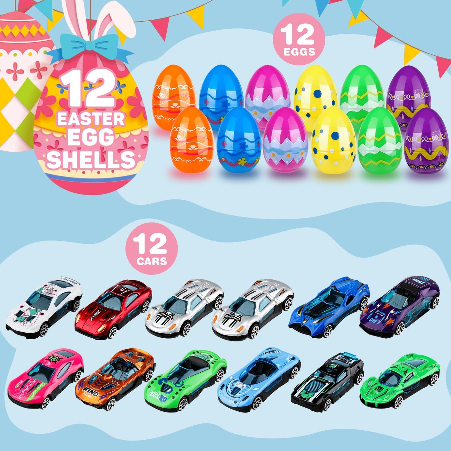 Hoarosall 12pcs Kids Easter Gifts Race Car Vehicle Toys,Prefilled Plastic Easter Eggs Gifts for Boys, Easter Eggs with Toys Inside Car Easter Toys for Kids Ages 4-8,8-12