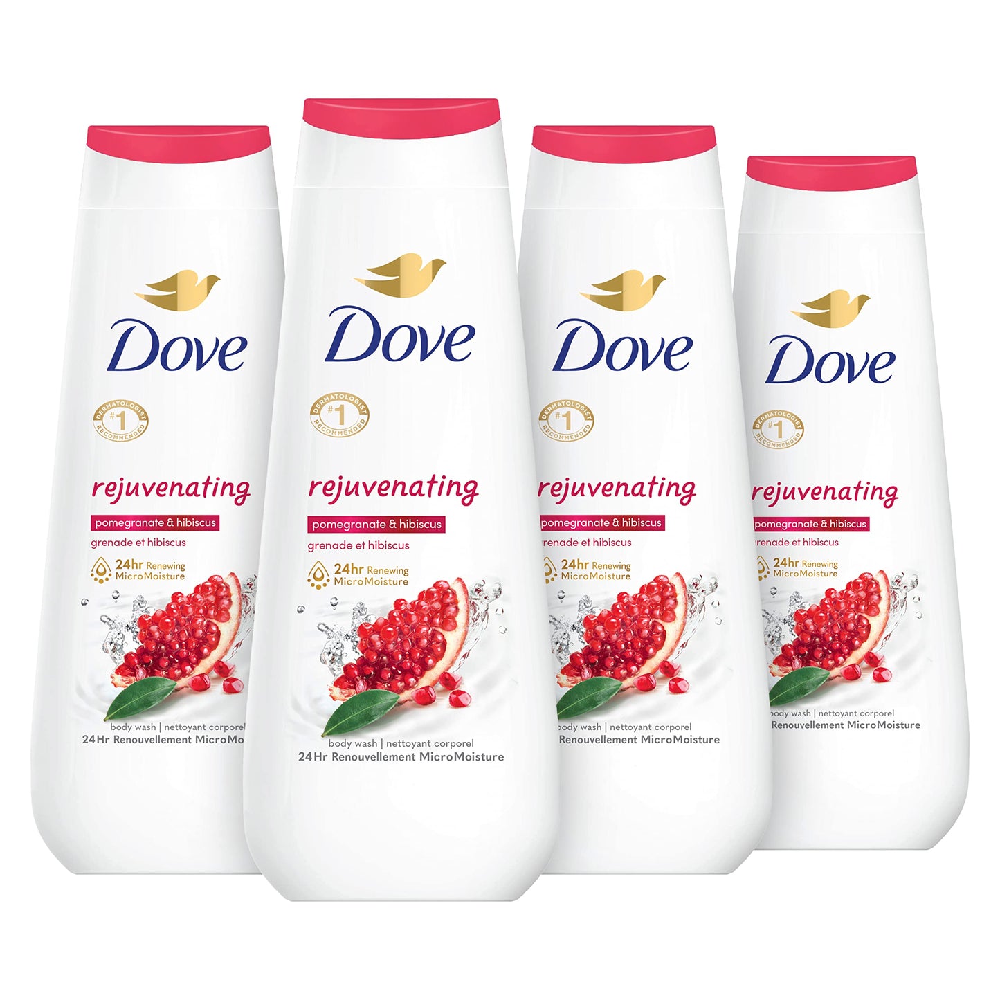 Dove Body Wash Rejuvenating Pomegranate & Hibiscus 4 Count for Renewed, Healthy-Looking Skin Gentle Skin Cleanser with 24hr Renewing MicroMoisture 20 oz