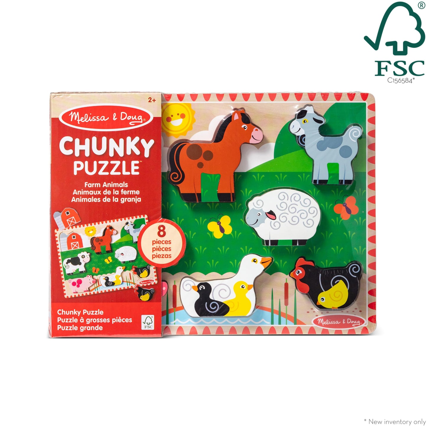 Melissa & Doug Farm Wooden Chunky Puzzle (8 pcs) - Farm Animal Toys For Kids, Wooden Puzzles For Toddlers Ages 2+ - FSC-Certified Materials