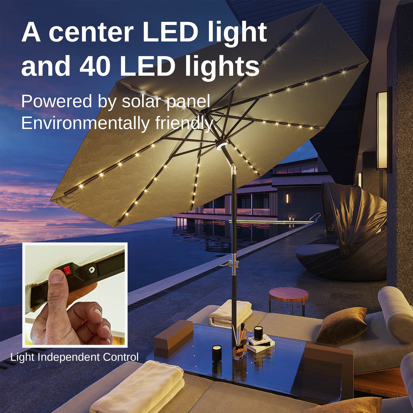 EAST OAK Patio Umbrella, 9 ft Outdoor Table Umbrella with 40 LED Solar Lights of Waterproof and UV 30+ Fade Resistant for Garden, Deck, Backyard, Pool and Beach, Beige