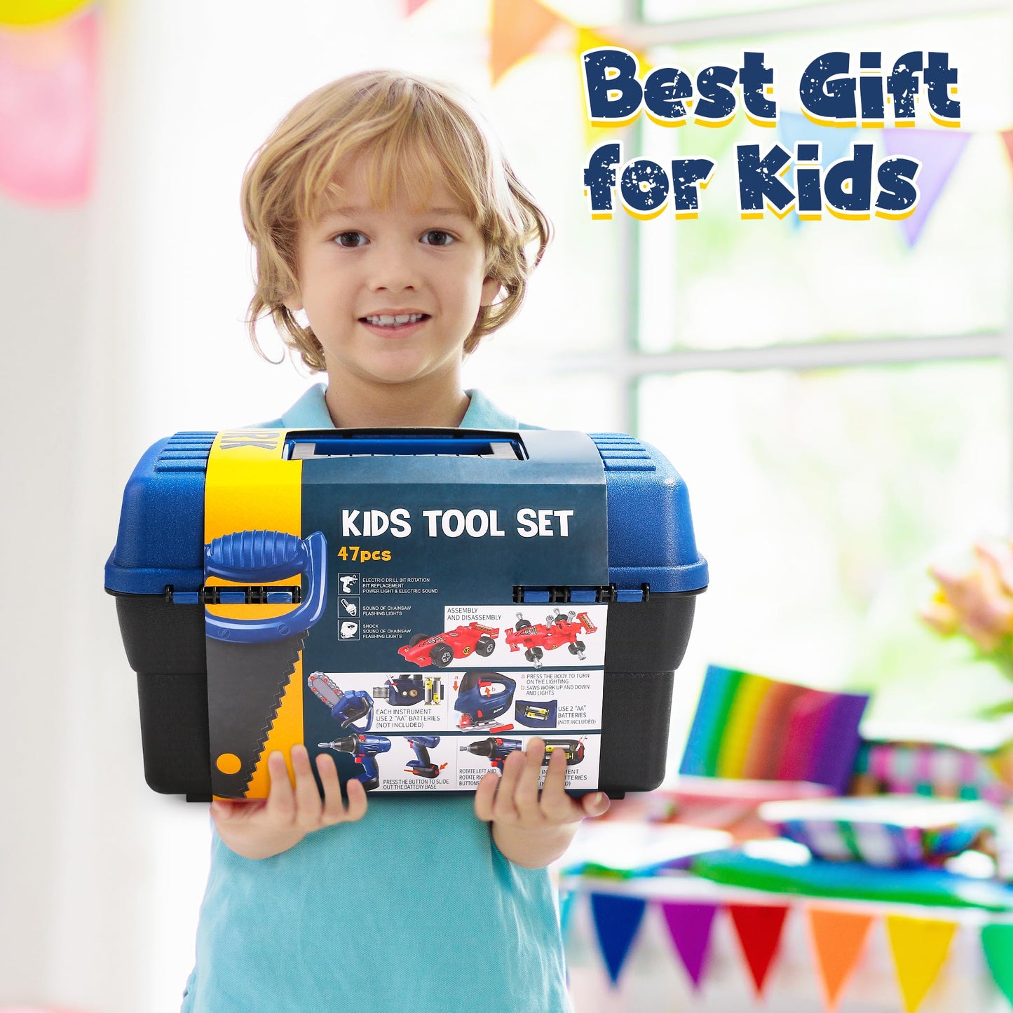 Skirtoy Kids Tool Set, 47pcs Toy Tool Set with Chainsaw & Excavator Toys, Pretend Play Construction Toys Tools for Boys Girls, Birthday Family Day Gifts for Kids Ages 3 4 5 6 Up