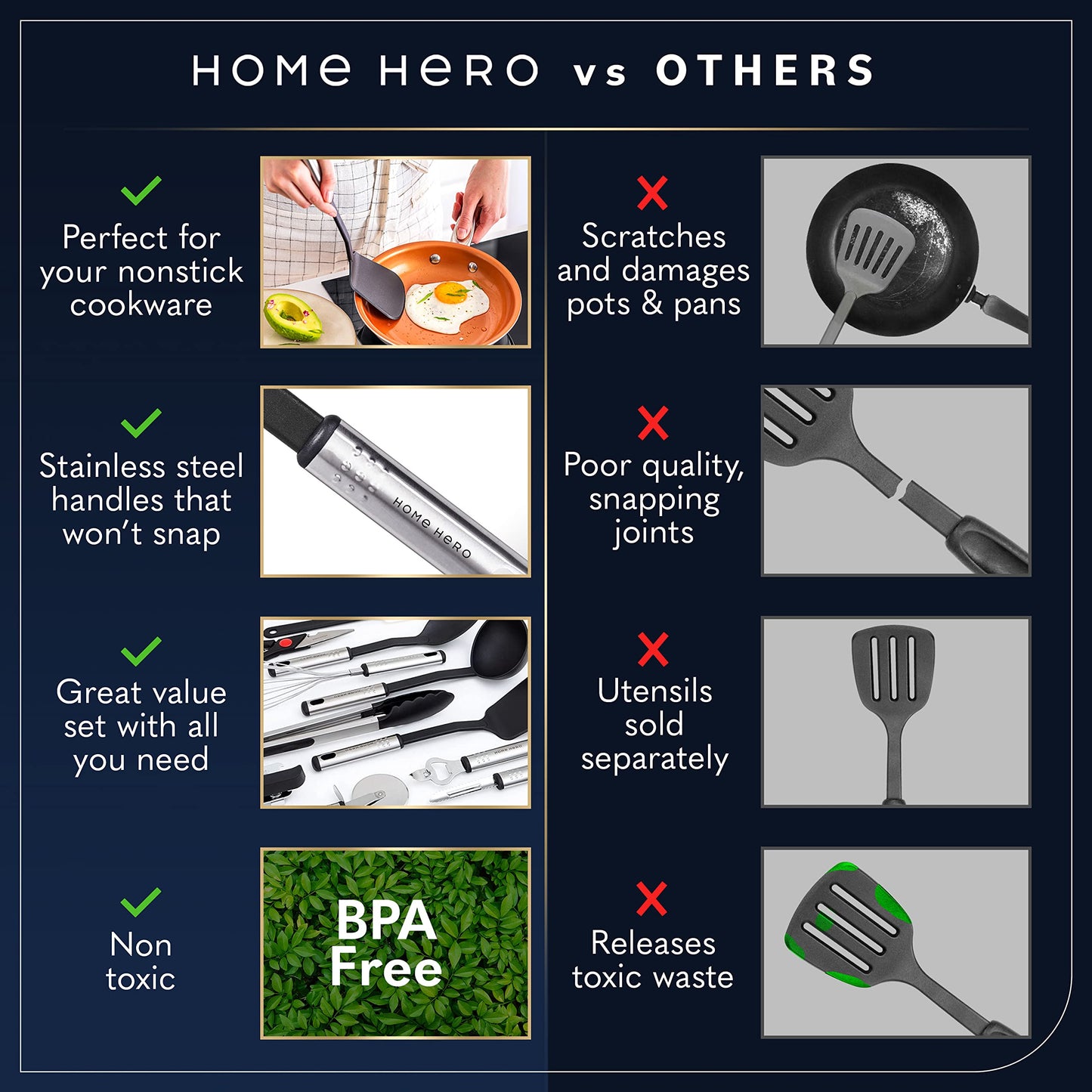 Home Hero 25 Pcs Kitchen Utensils Set - Cooking Utensils Set with Spatula - First Home Essentials Utensil Sets - Household Essentials - Kitchen Gadgets & Kitchen Tool Gift (25 Pcs Set - Black)