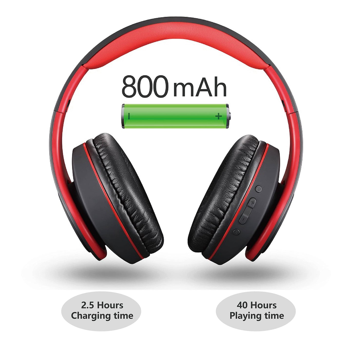Bluetooth Headphones Wireless, pollini 40H Playtime Foldable Over Ear Headphones with Microphone, Deep Bass Stereo Headset with Soft Memory-Protein Earmuffs for iPhone/Android Cell Phone/PC(Black-Red)
