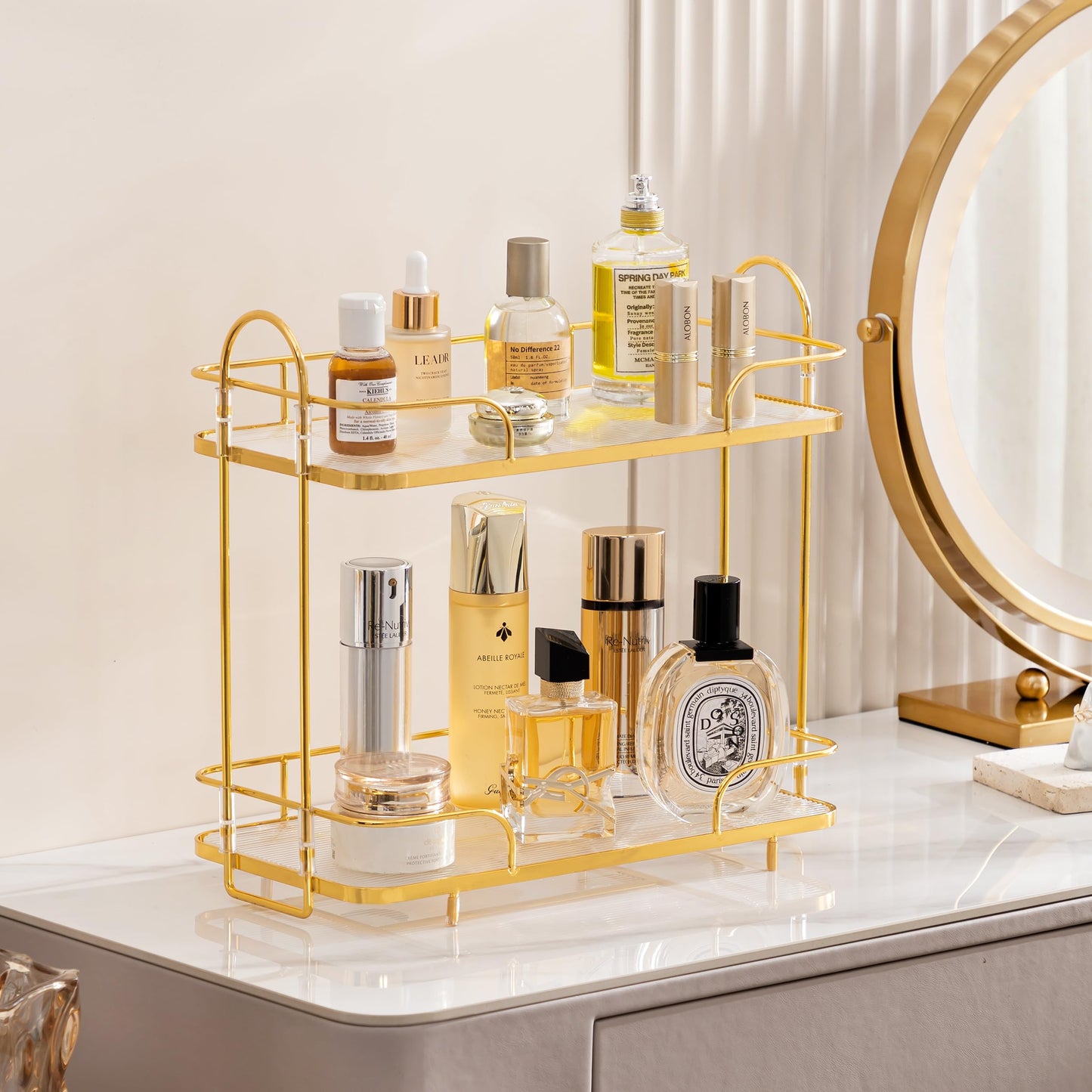 HBlife Bathroom Countertop Organizer 2 Tier Makeup Organizer Luxury Perfume Tray Skincare Storage Cosmetic Organizer Bathroom Counter Shelf for Bathroom, Gold